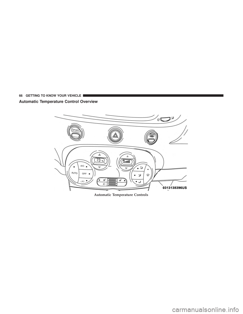 FIAT 500E 2019 Repair Manual Automatic Temperature Control Overview
Automatic Temperature Controls
66 GETTING TO KNOW YOUR VEHICLE 