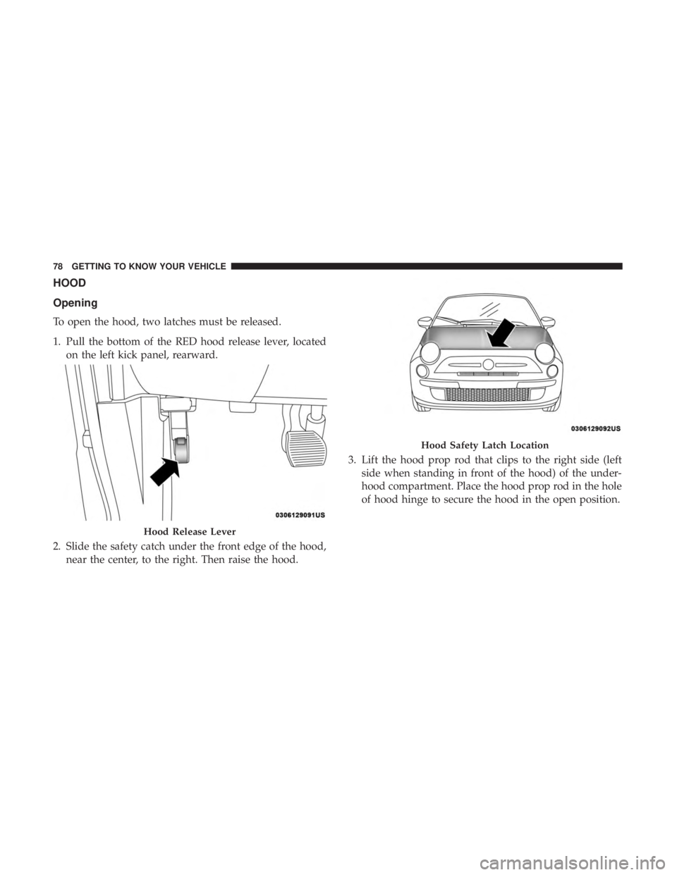 FIAT 500E 2019 Manual PDF HOOD
Opening
To open the hood, two latches must be released.
1. Pull the bottom of the RED hood release lever, locatedon the left kick panel, rearward.
2. Slide the safety catch under the front edge o FIAT 500E 2019 Manual PDF HOOD
Opening
To open the hood, two latches must be released.
1. Pull the bottom of the RED hood release lever, locatedon the left kick panel, rearward.
2. Slide the safety catch under the front edge o