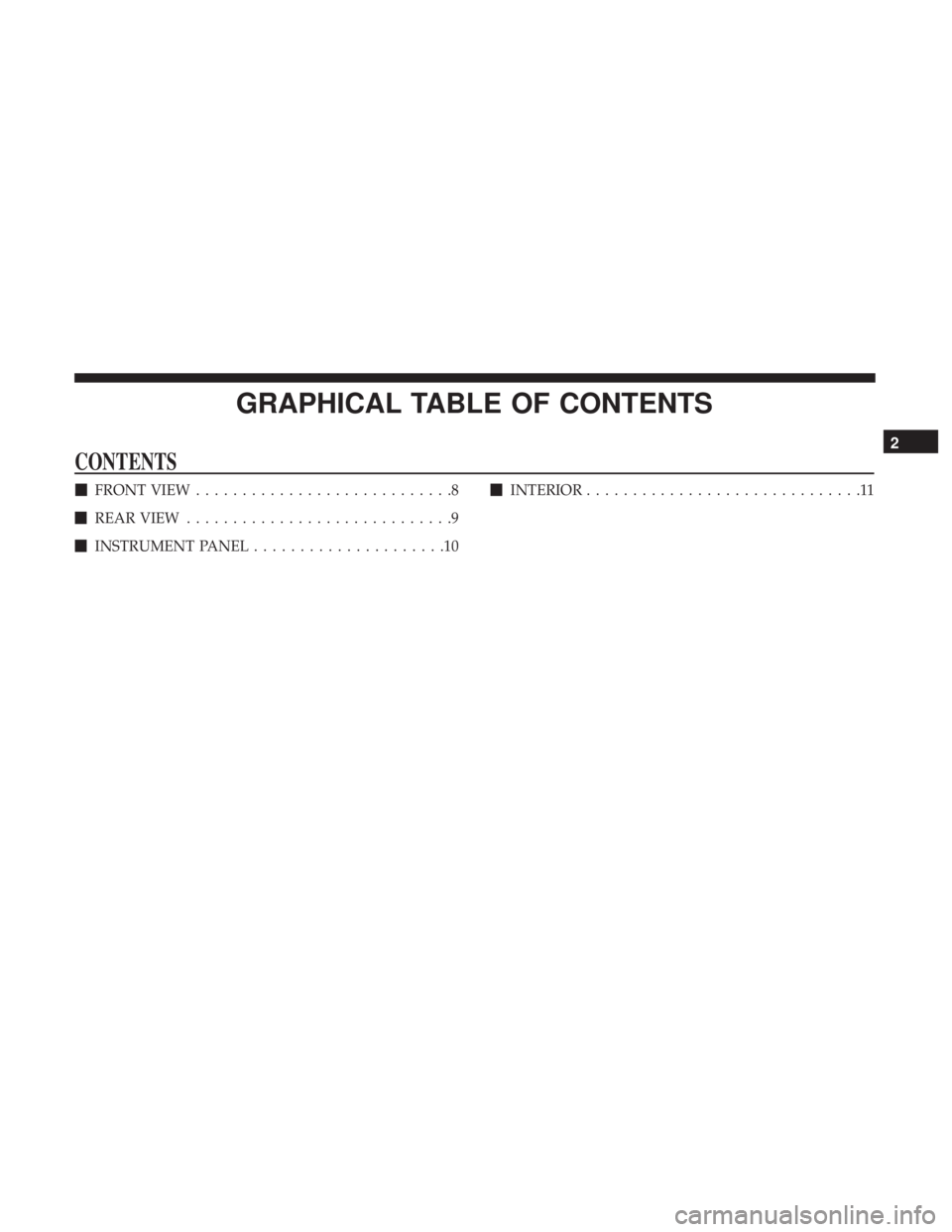 FIAT 500E 2019  Owners Manual GRAPHICAL TABLE OF CONTENTS
CONTENTS
FRONT VIEW ............................8
 REAR VIEW .............................9
 INSTRUMENT PANEL .....................10 
INTERIOR ........................