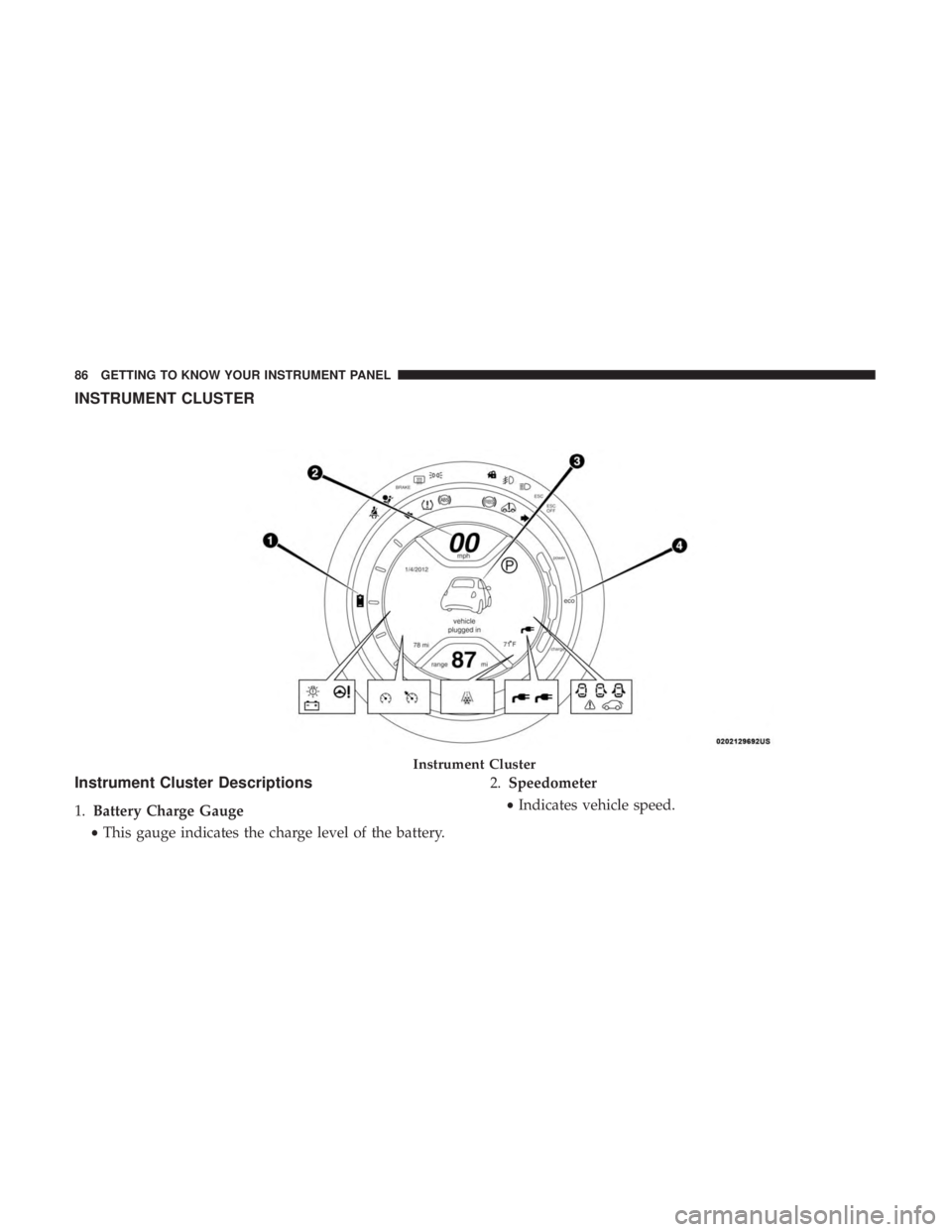 FIAT 500E 2019 Manual Online INSTRUMENT CLUSTER
Instrument Cluster Descriptions
1.Battery Charge Gauge
• This gauge indicates the charge level of the battery. 2.
Speedometer
• Indicates vehicle speed.
Instrument Cluster
86 GE