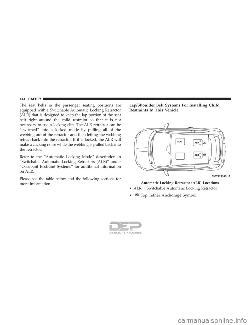 FIAT 500E 2018 Owners Manual The seat belts in the passenger seating positions are
equipped with a Switchable Automatic Locking Retractor
(ALR) that is designed to keep the lap portion of the seat
belt tight around the child rest FIAT 500E 2018 Owners Manual The seat belts in the passenger seating positions are
equipped with a Switchable Automatic Locking Retractor
(ALR) that is designed to keep the lap portion of the seat
belt tight around the child rest