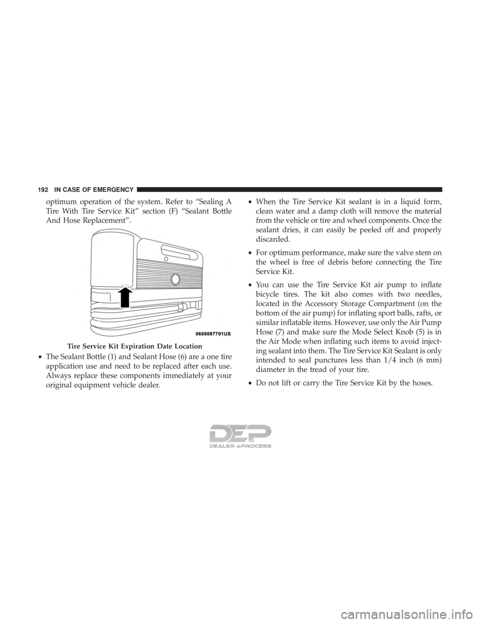 FIAT 500E 2018  Owners Manual optimum operation of the system. Refer to “Sealing A
Tire With Tire Service Kit” section (F) “Sealant Bottle
And Hose Replacement”.
• The Sealant Bottle (1) and Sealant Hose (6) are a one ti