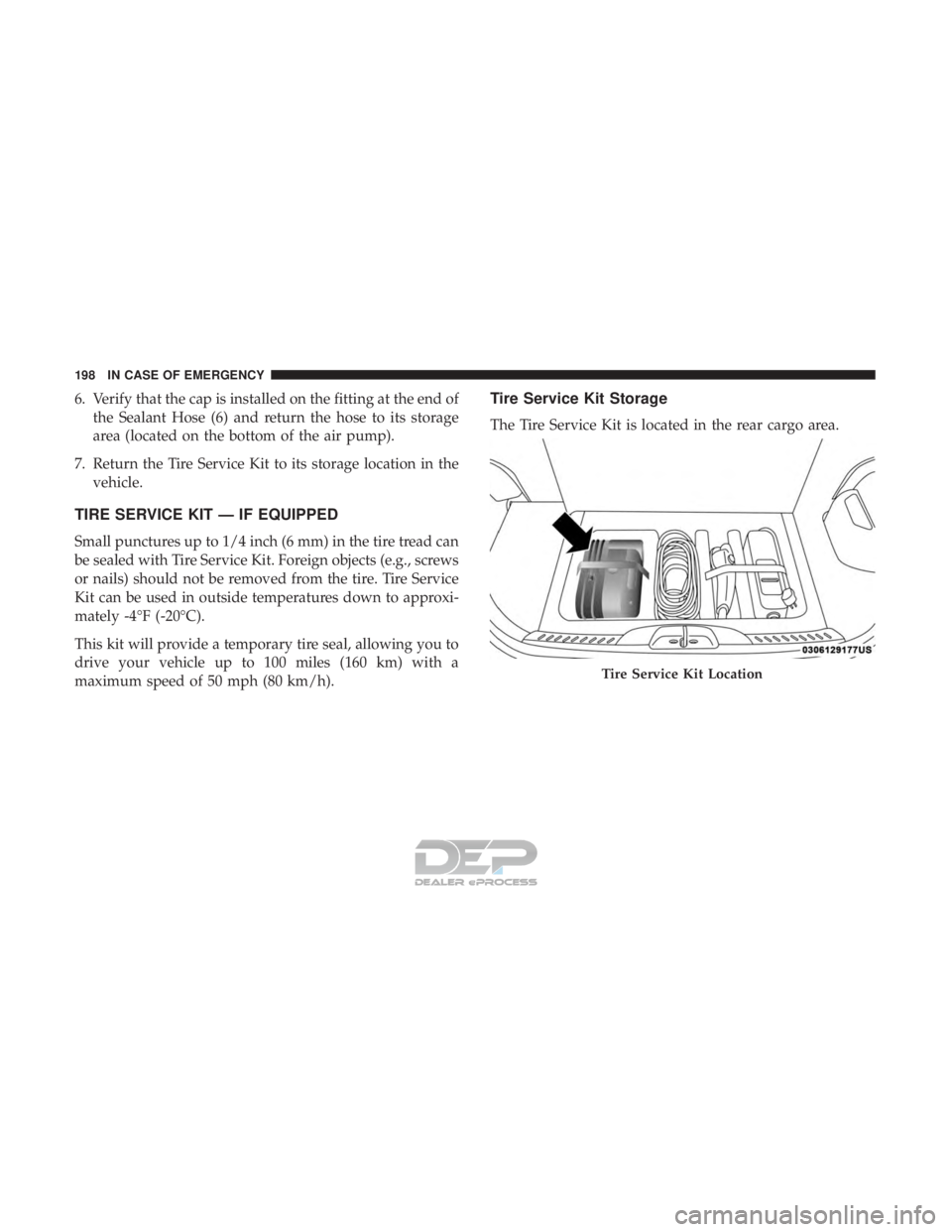 FIAT 500E 2018  Owners Manual 6. Verify that the cap is installed on the fitting at the end ofthe Sealant Hose (6) and return the hose to its storage
area (located on the bottom of the air pump).
7. Return the Tire Service Kit to 
