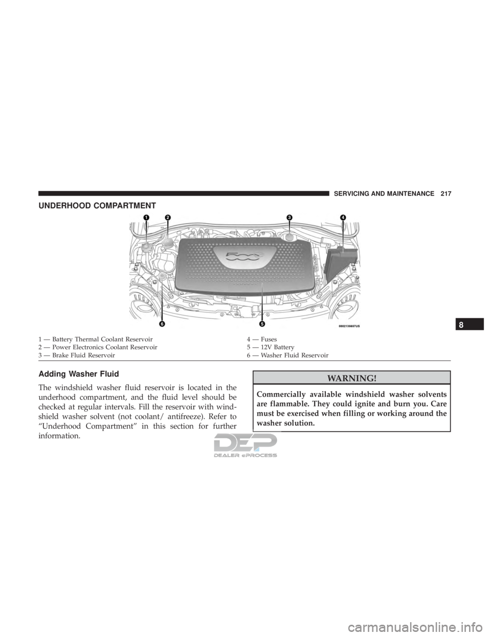 FIAT 500E 2018 Owners Manual UNDERHOOD COMPARTMENT
Adding Washer Fluid
The windshield washer fluid reservoir is located in the
underhood compartment, and the fluid level should be
checked at regular intervals. Fill the reservoir FIAT 500E 2018 Owners Manual UNDERHOOD COMPARTMENT
Adding Washer Fluid
The windshield washer fluid reservoir is located in the
underhood compartment, and the fluid level should be
checked at regular intervals. Fill the reservoir