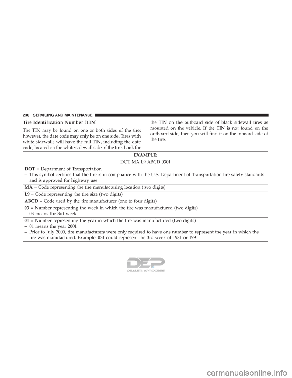 FIAT 500E 2018 Owners Manual Tire Identification Number (TIN)
The TIN may be found on one or both sides of the tire;
however, the date code may only be on one side. Tires with
white sidewalls will have the full TIN, including the FIAT 500E 2018 Owners Manual Tire Identification Number (TIN)
The TIN may be found on one or both sides of the tire;
however, the date code may only be on one side. Tires with
white sidewalls will have the full TIN, including the