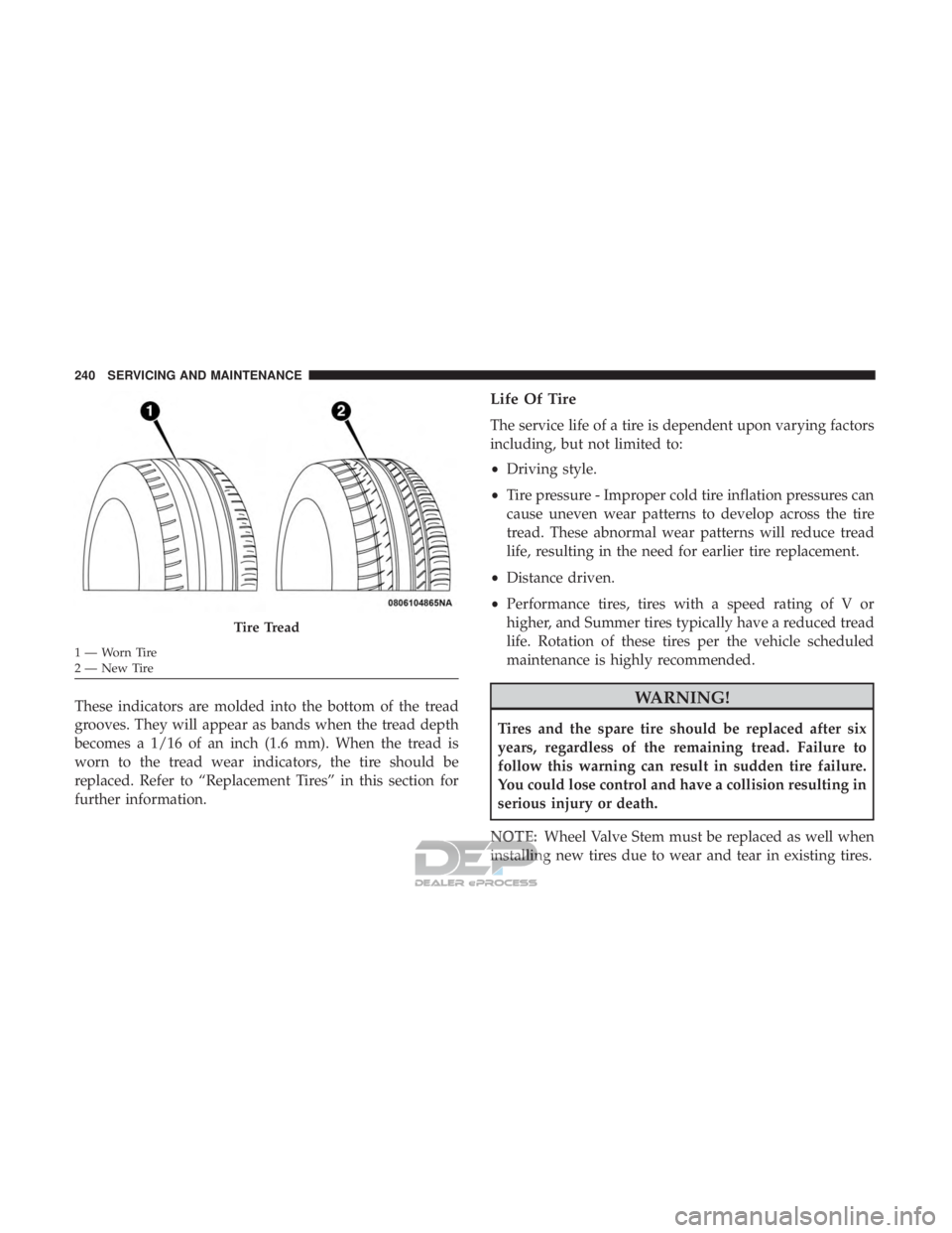 FIAT 500E 2018  Owners Manual These indicators are molded into the bottom of the tread
grooves. They will appear as bands when the tread depth
becomes a 1/16 of an inch (1.6 mm). When the tread is
worn to the tread wear indicators