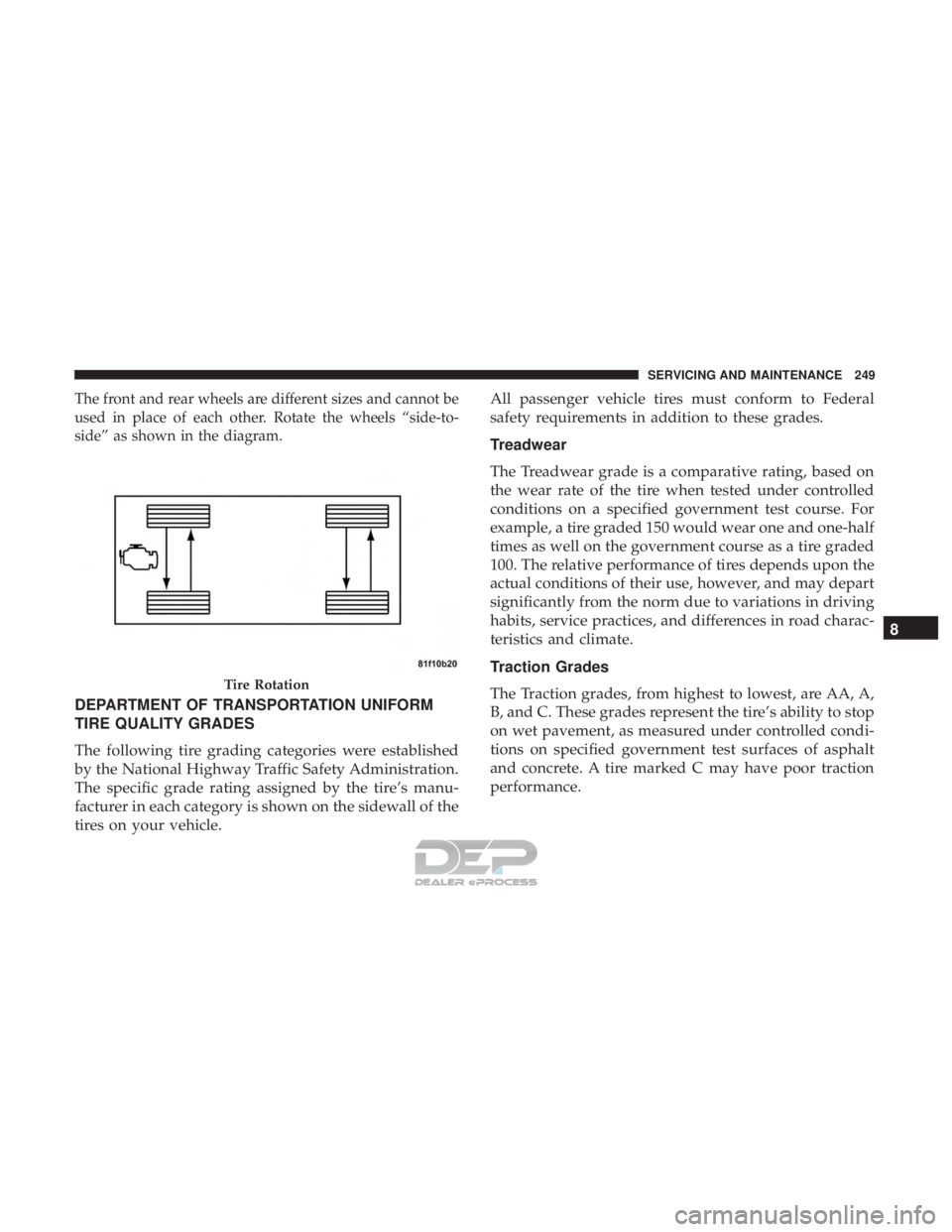 FIAT 500E 2018  Owners Manual The front and rear wheels are different sizes and cannot be
used in place of each other. Rotate the wheels “side-to-
side” as shown in the diagram.
DEPARTMENT OF TRANSPORTATION UNIFORM
TIRE QUALIT