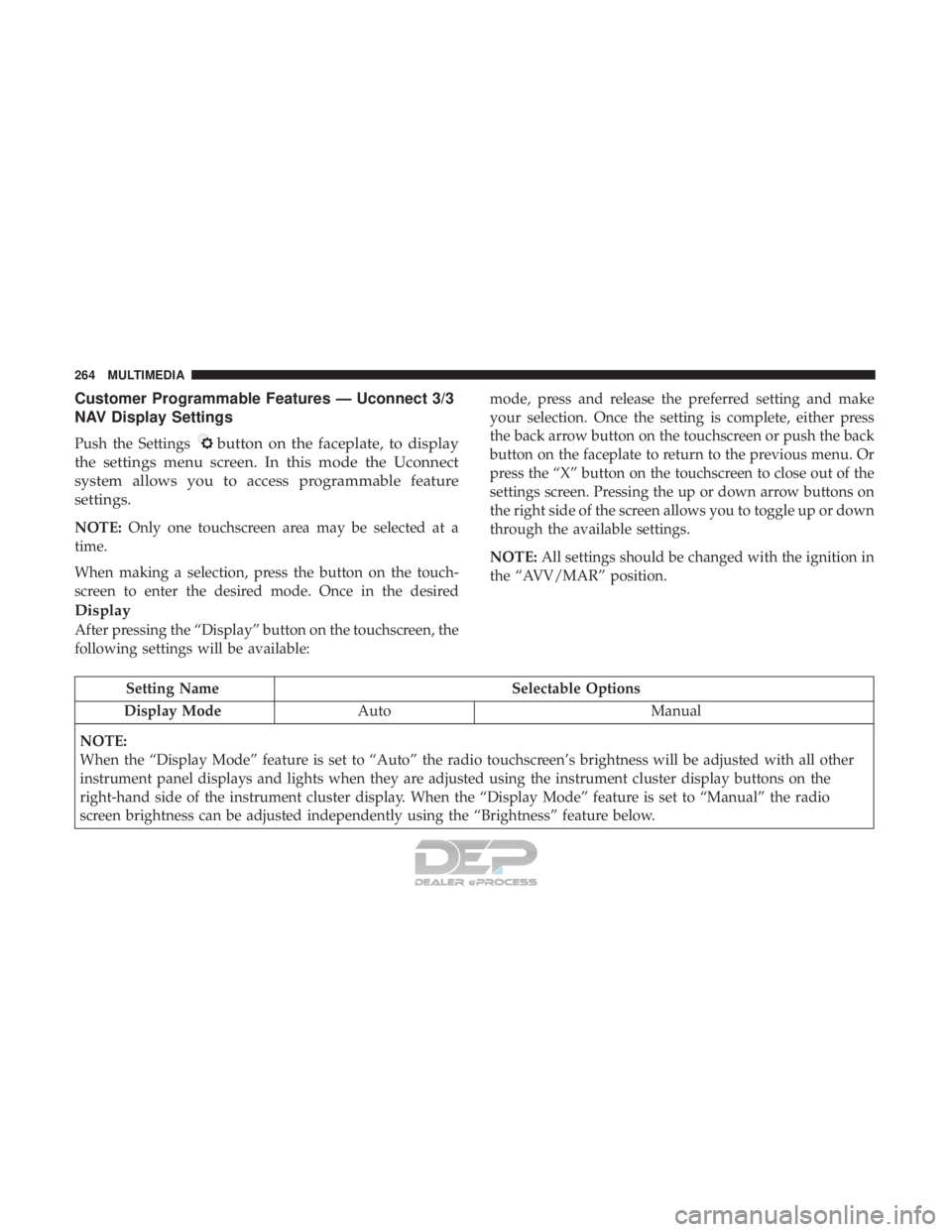 FIAT 500E 2018  Owners Manual Customer Programmable Features — Uconnect 3/3
NAV Display Settings
Push the Settingsbutton on the faceplate, to display
the settings menu screen. In this mode the Uconnect
system allows you to acces