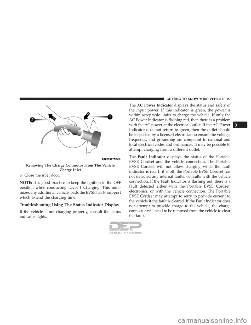 FIAT 500E 2018 Owners Manual 6. Close the inlet door.
NOTE:It is good practice to keep the ignition in the OFF
position while conducting Level 1 Charging. This mini-
mizes any additional vehicle loads the EVSE has to support
whic FIAT 500E 2018 Owners Manual 6. Close the inlet door.
NOTE:It is good practice to keep the ignition in the OFF
position while conducting Level 1 Charging. This mini-
mizes any additional vehicle loads the EVSE has to support
whic