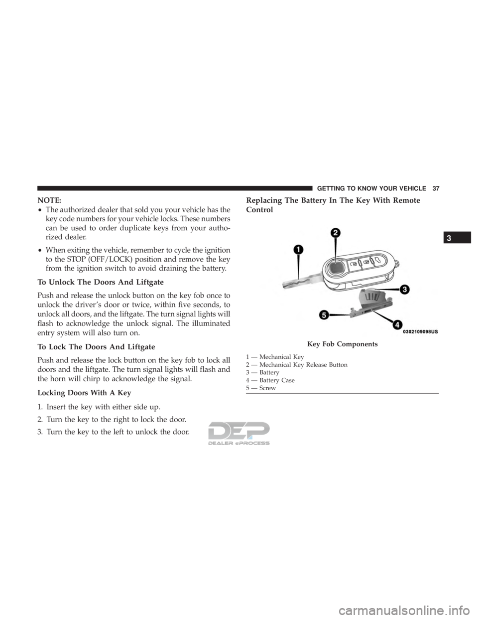 FIAT 500E 2018 Owners Guide NOTE:
•The authorized dealer that sold you your vehicle has the
key code numbers for your vehicle locks. These numbers
can be used to order duplicate keys from your autho-
rized dealer.
• When exi FIAT 500E 2018 Owners Guide NOTE:
•The authorized dealer that sold you your vehicle has the
key code numbers for your vehicle locks. These numbers
can be used to order duplicate keys from your autho-
rized dealer.
• When exi