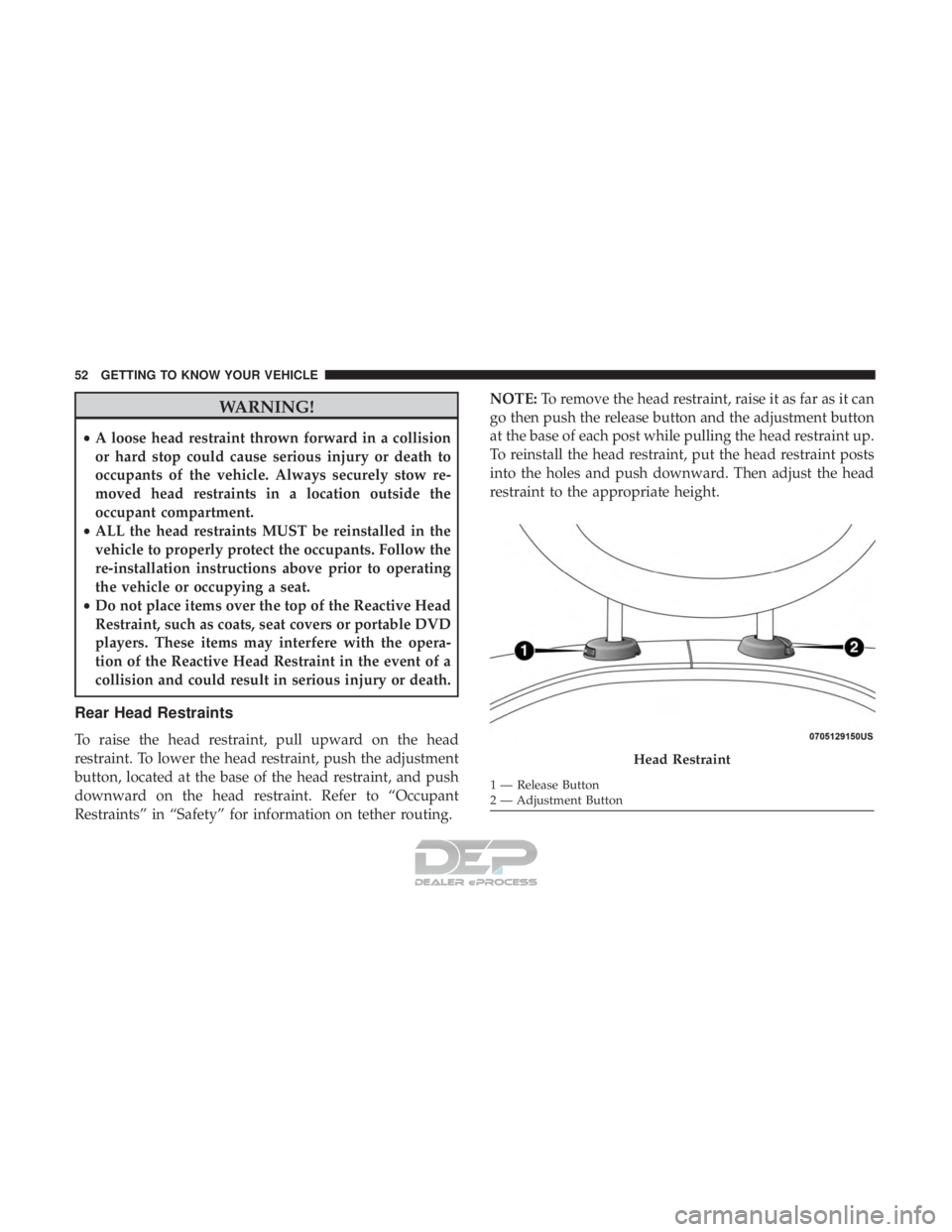 FIAT 500E 2018  Owners Manual WARNING!
•A loose head restraint thrown forward in a collision
or hard stop could cause serious injury or death to
occupants of the vehicle. Always securely stow re-
moved head restraints in a locat