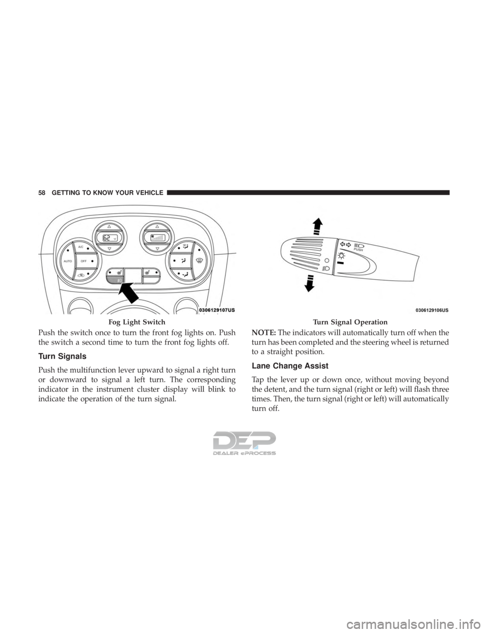 FIAT 500E 2018  Owners Manual Push the switch once to turn the front fog lights on. Push
the switch a second time to turn the front fog lights off.
Turn Signals
Push the multifunction lever upward to signal a right turn
or downwar