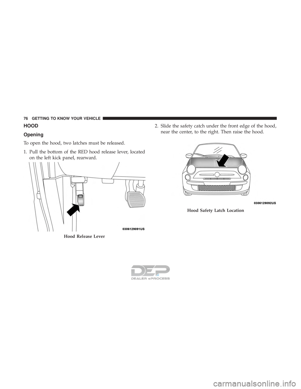 FIAT 500E 2018 Manual PDF HOOD
Opening
To open the hood, two latches must be released.
1. Pull the bottom of the RED hood release lever, locatedon the left kick panel, rearward. 2. Slide the safety catch under the front edge o FIAT 500E 2018 Manual PDF HOOD
Opening
To open the hood, two latches must be released.
1. Pull the bottom of the RED hood release lever, locatedon the left kick panel, rearward. 2. Slide the safety catch under the front edge o