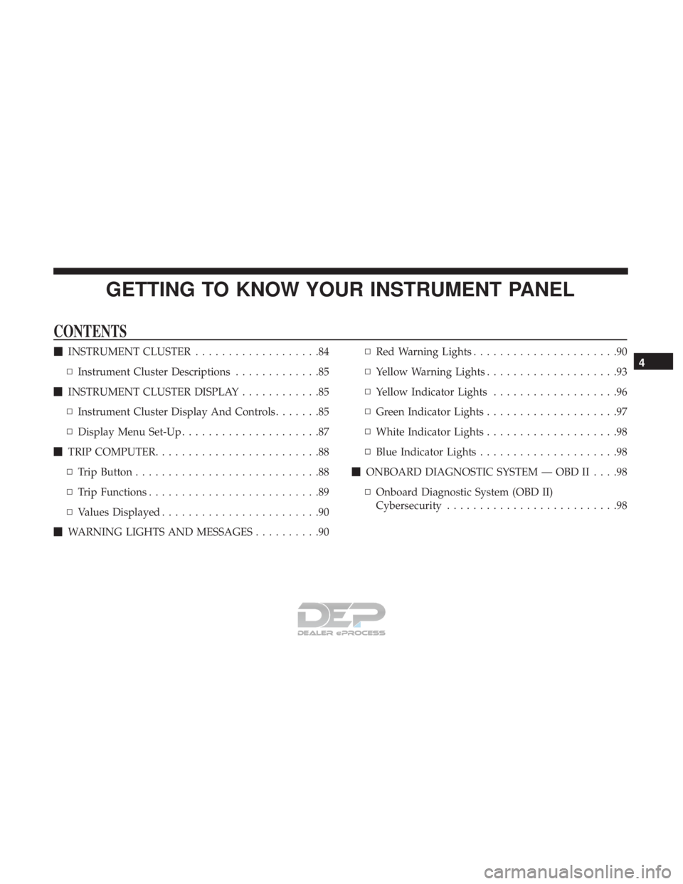 FIAT 500E 2018  Owners Manual GETTING TO KNOW YOUR INSTRUMENT PANEL
CONTENTS
INSTRUMENT CLUSTER ...................84
▫ Instrument Cluster Descriptions .............85
 INSTRUMENT CLUSTER DISPLAY ............85
▫ Instrument 