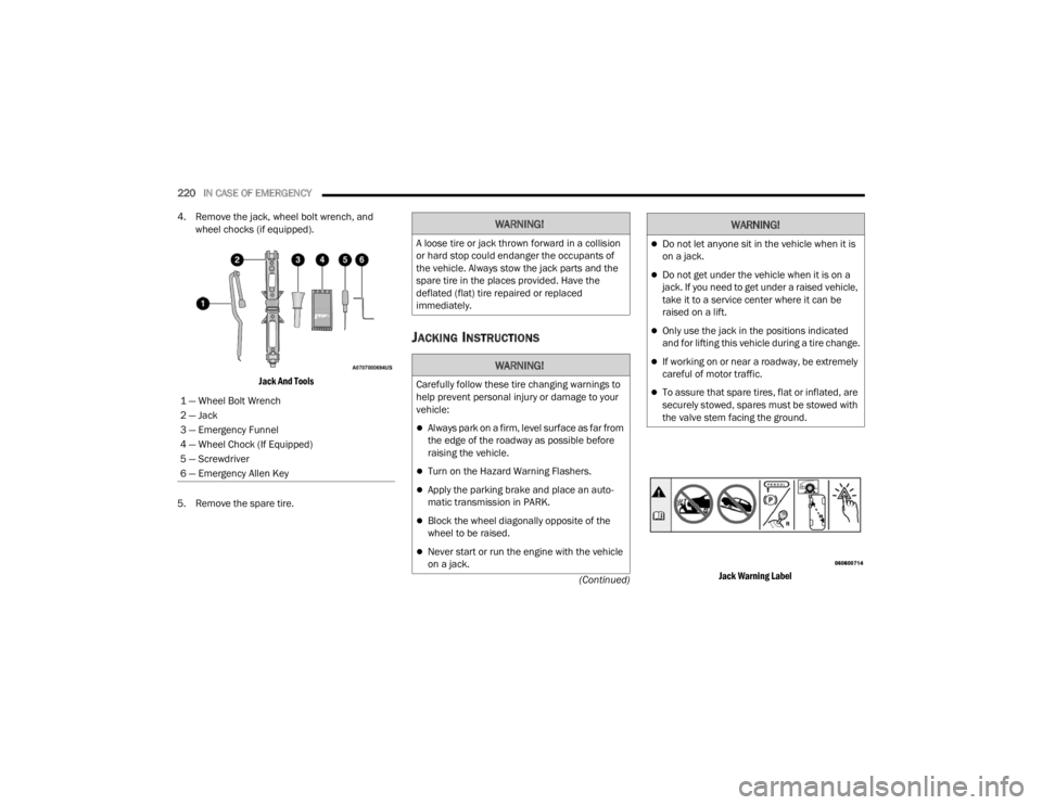 FIAT 500X 2022 Owners Manual
220IN CASE OF EMERGENCY
(Continued)
4. Remove the jack, wheel bolt wrench, and
wheel chocks (if equipped).
Jack And Tools
5. Remove the spare tire.
JACKING INSTRUCTIONS
Jack Warning Label
1 FIAT 500X 2022 Owners Manual
220IN CASE OF EMERGENCY
(Continued)
4. Remove the jack, wheel bolt wrench, and
wheel chocks (if equipped).
Jack And Tools
5. Remove the spare tire.
JACKING INSTRUCTIONS
Jack Warning Label
1