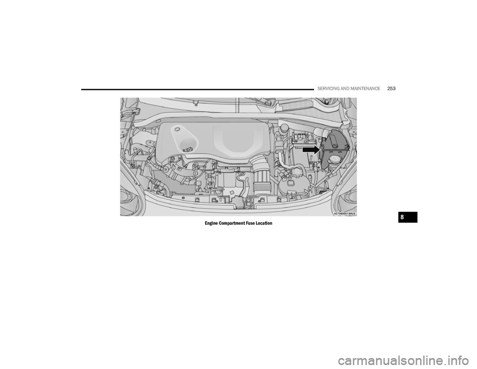 FIAT 500X 2022 Owners Manual
SERVICING AND MAINTENANCE253
Engine Compartment Fuse Location8
22_FD_OM_EN_USC_t.book Page 253 FIAT 500X 2022 Owners Manual
SERVICING AND MAINTENANCE253
Engine Compartment Fuse Location8
22_FD_OM_EN_USC_t.book Page 253