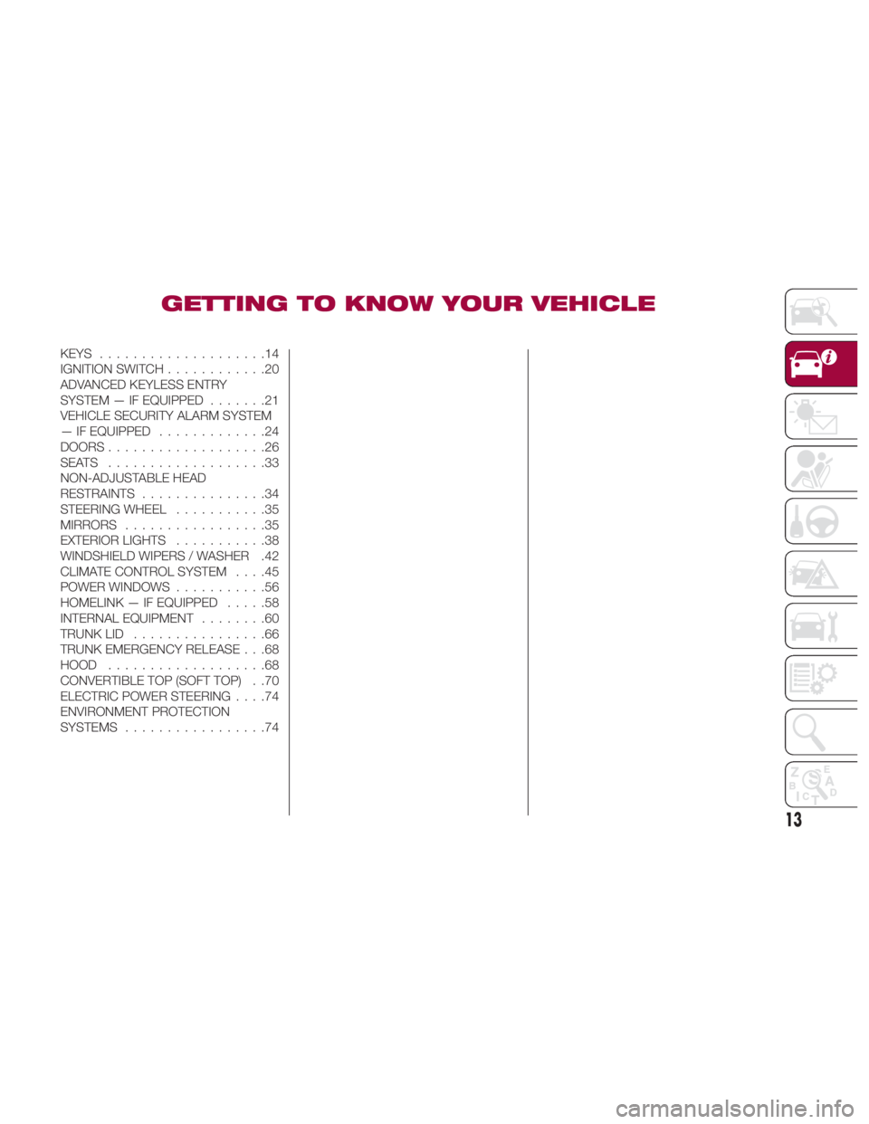 FIAT SPIDER ABARTH 2017 User Guide GETTING TO KNOW YOUR VEHICLEKEYS ....................14
IGNITION SWITCH ............20
ADVANCED KEYLESS ENTRY
SYSTEM — IF EQUIPPED .......21
VEHICLE SECURITY ALARM SYSTEM
— IF EQUIPPED ........... FIAT SPIDER ABARTH 2017 User Guide GETTING TO KNOW YOUR VEHICLEKEYS ....................14
IGNITION SWITCH ............20
ADVANCED KEYLESS ENTRY
SYSTEM — IF EQUIPPED .......21
VEHICLE SECURITY ALARM SYSTEM
— IF EQUIPPED ...........