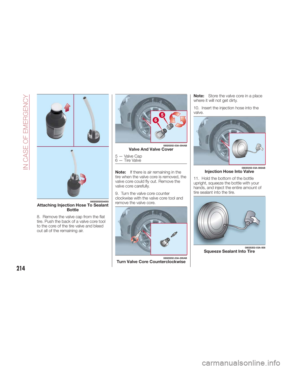 FIAT SPIDER ABARTH 2017 Owners Manual 8. Remove the valve cap from the flat
tire. Push the back of a valve core tool
to the core of the tire valve and bleed
out all of the remaining air. Note: If there is air remaining in the
tire when th FIAT SPIDER ABARTH 2017 Owners Manual 8. Remove the valve cap from the flat
tire. Push the back of a valve core tool
to the core of the tire valve and bleed
out all of the remaining air. Note: If there is air remaining in the
tire when th