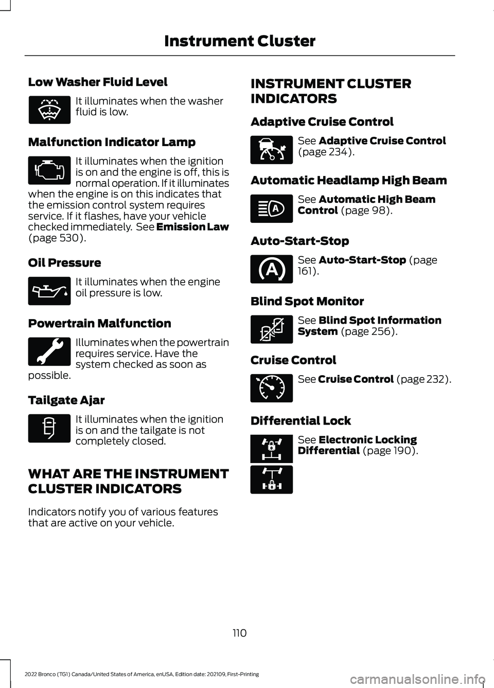 FORD BRONCO 2022  Owners Manual Low Washer Fluid Level
It illuminates when the washerfluid is low.
Malfunction Indicator Lamp
It illuminates when the ignitionis on and the engine is off, this isnormal operation. If it illuminateswhe