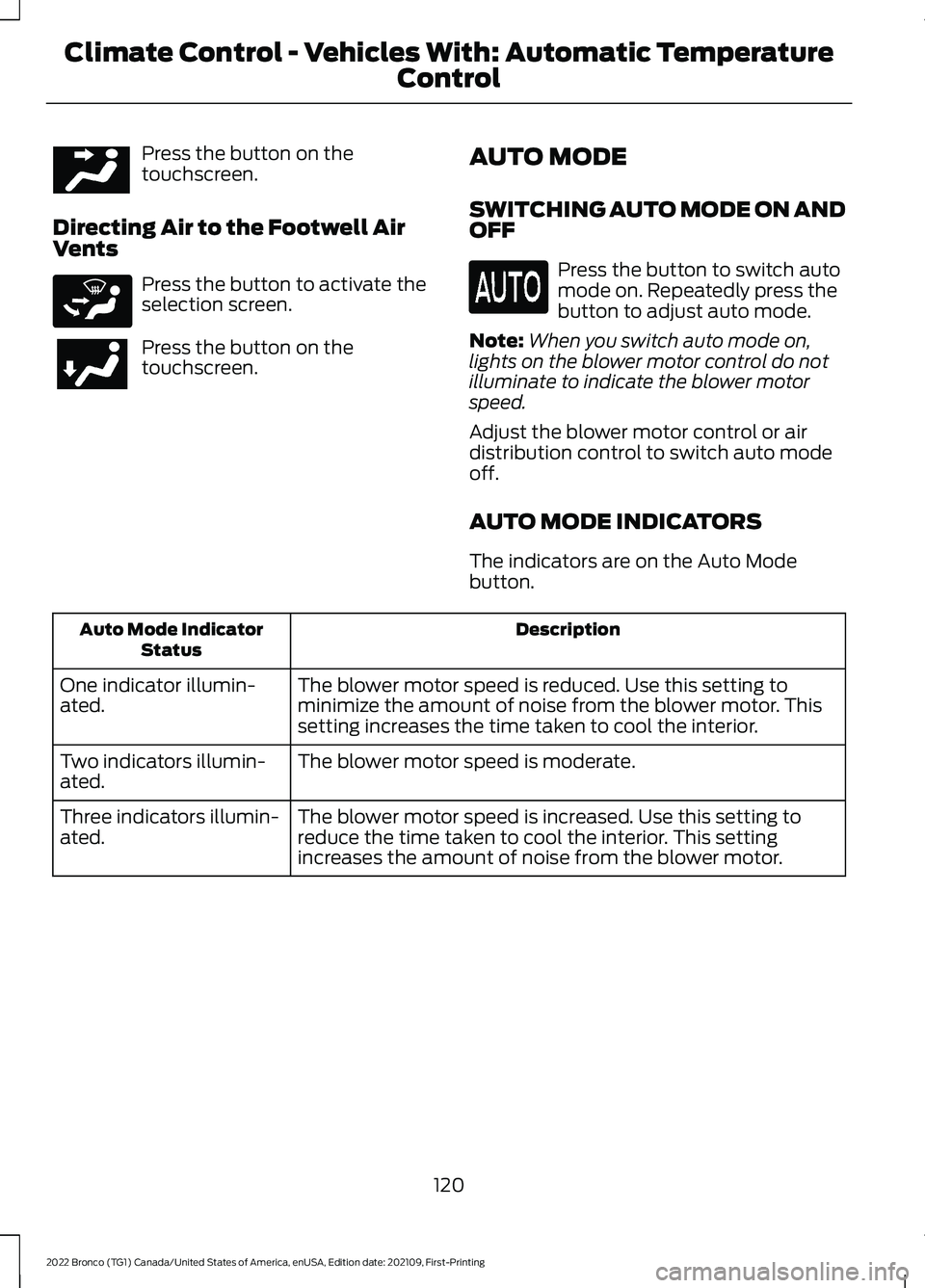 FORD BRONCO 2022  Owners Manual Press the button on thetouchscreen.
Directing Air to the Footwell AirVents
Press the button to activate theselection screen.
Press the button on thetouchscreen.
AUTO MODE
SWITCHING AUTO MODE ON ANDOFF