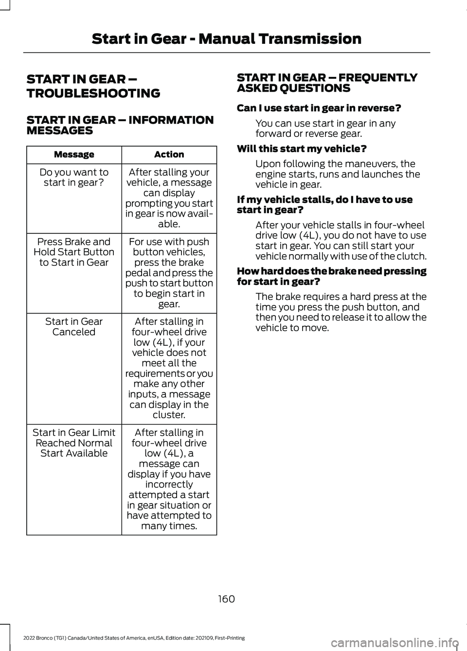 FORD BRONCO 2022 Owners Manual START IN GEAR –
TROUBLESHOOTING
START IN GEAR – INFORMATIONMESSAGES
ActionMessage
After stalling yourvehicle, a messagecan displayprompting you startin gear is now avail-able.
Do you want tostart 