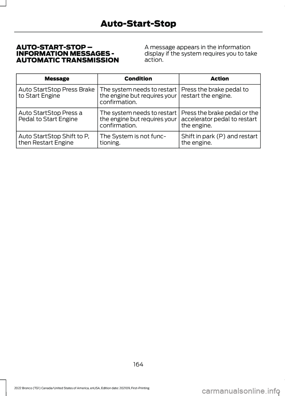 FORD BRONCO 2022 Owners Manual AUTO-START-STOP –INFORMATION MESSAGES -AUTOMATIC TRANSMISSION
A message appears in the informationdisplay if the system requires you to takeaction.
ActionConditionMessage
Press the brake pedal tores