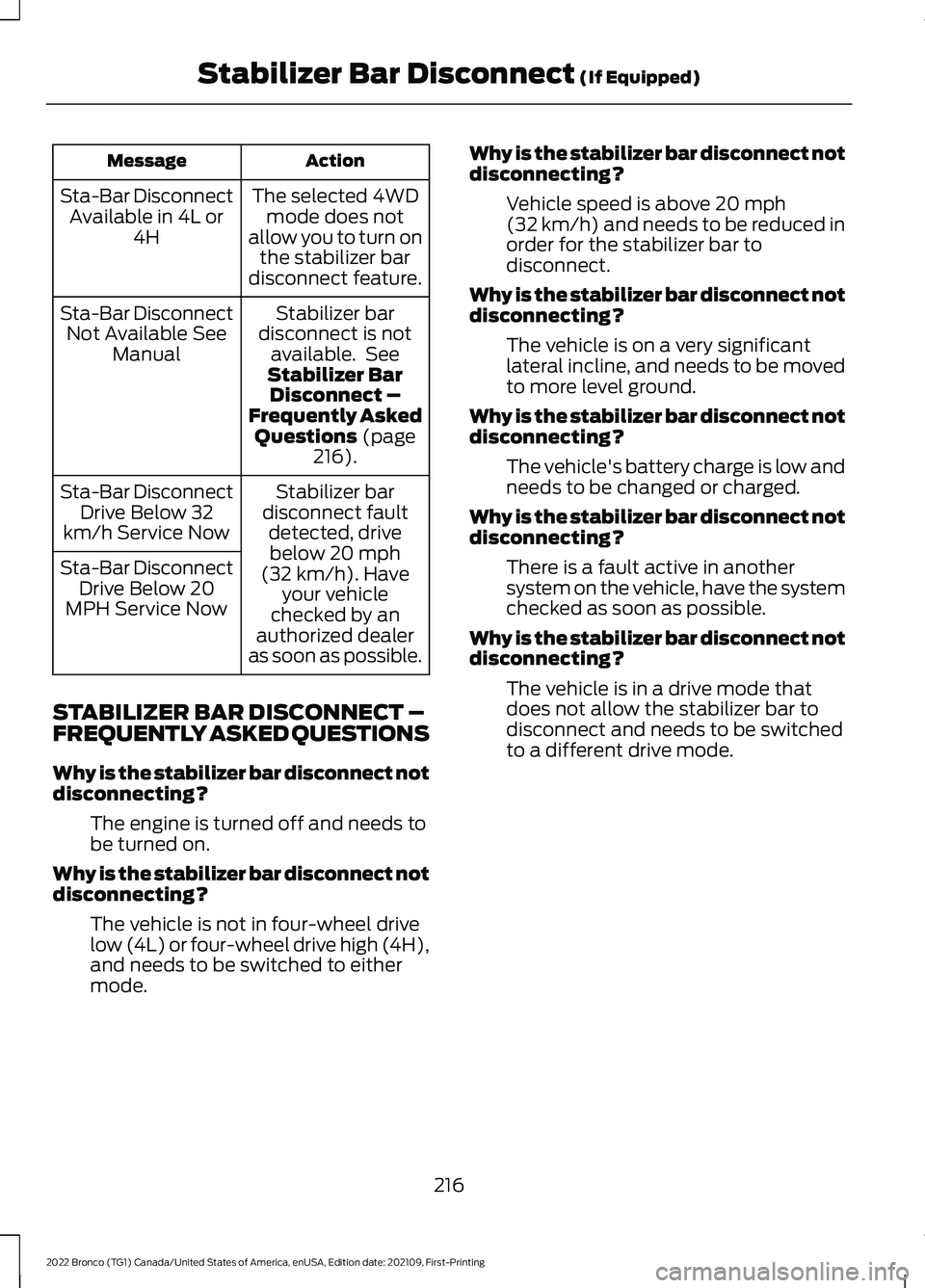 FORD BRONCO 2022  Owners Manual ActionMessage
The selected 4WDmode does notallow you to turn onthe stabilizer bardisconnect feature.
Sta-Bar DisconnectAvailable in 4L or4H
Stabilizer bardisconnect is notavailable. SeeStabilizer BarD