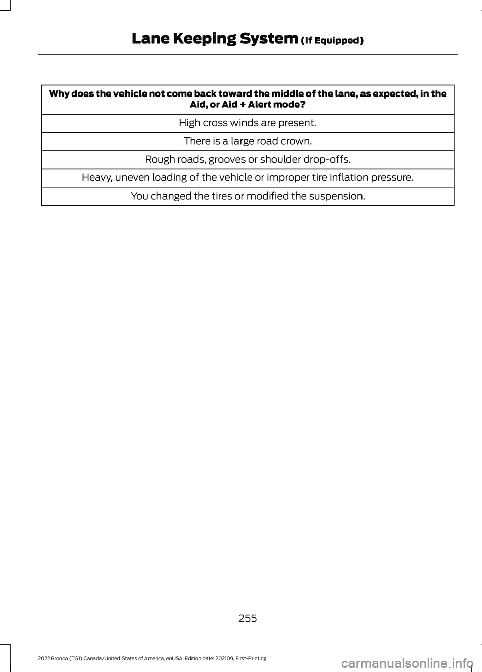 FORD BRONCO 2022  Owners Manual Why does the vehicle not come back toward the middle of the lane, as expected, in theAid, or Aid + Alert mode?
High cross winds are present.
There is a large road crown.
Rough roads, grooves or should