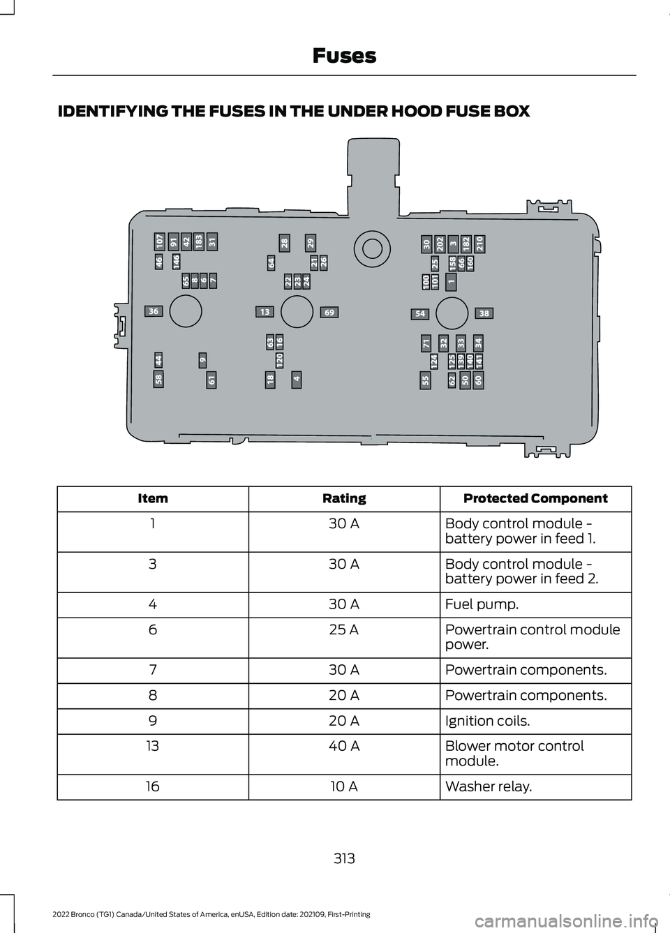FORD BRONCO 2022  Owners Manual IDENTIFYING THE FUSES IN THE UNDER HOOD FUSE BOX
Protected ComponentRatingItem
Body control module -battery power in feed 1.30 A1
Body control module -battery power in feed 2.30 A3
Fuel pump.30 A4
Pow
