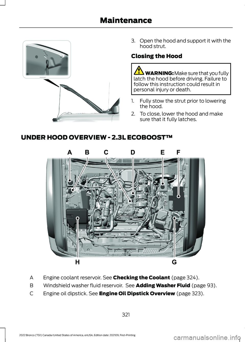 FORD BRONCO 2022  Owners Manual 3.Open the hood and support it with thehood strut.
Closing the Hood
WARNING: Make sure that you fullylatch the hood before driving. Failure tofollow this instruction could result inpersonal injury or 
