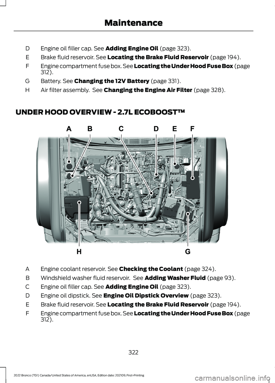 FORD BRONCO 2022  Owners Manual Engine oil filler cap. See Adding Engine Oil (page 323).D
Brake fluid reservoir. See Locating the Brake Fluid Reservoir (page 194).E
Engine compartment fuse box. See Locating the Under Hood Fuse Box (