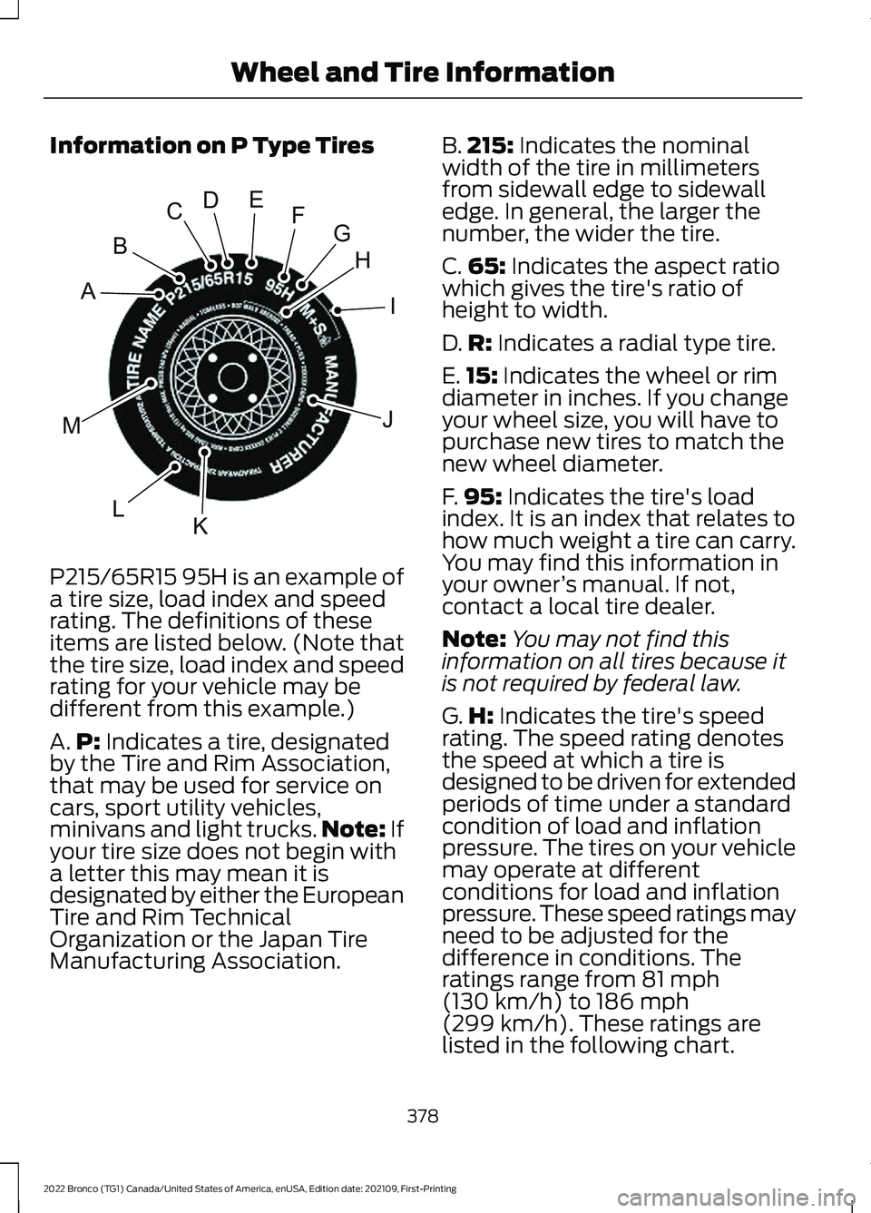 FORD BRONCO 2022  Owners Manual Information on P Type Tires
P215/65R15 95H is an example of
a tire size, load index and speedrating. The definitions of theseitems are listed below. (Note thatthe tire size, load index and speedrating