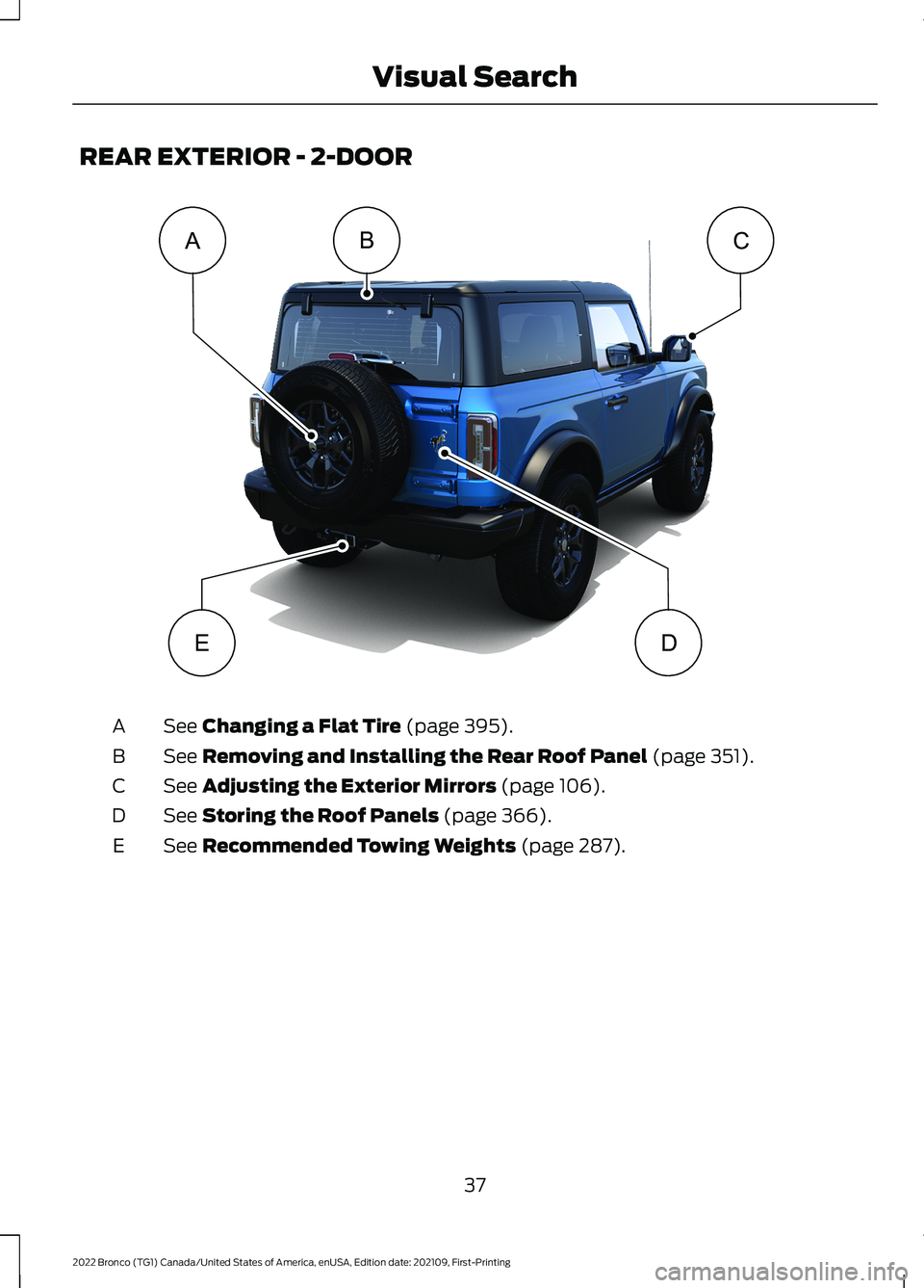 FORD BRONCO 2022  Owners Manual REAR EXTERIOR - 2-DOOR
See Changing a Flat Tire (page 395).A
See Removing and Installing the Rear Roof Panel (page 351).B
See Adjusting the Exterior Mirrors (page 106).C
See Storing the Roof Panels (p
