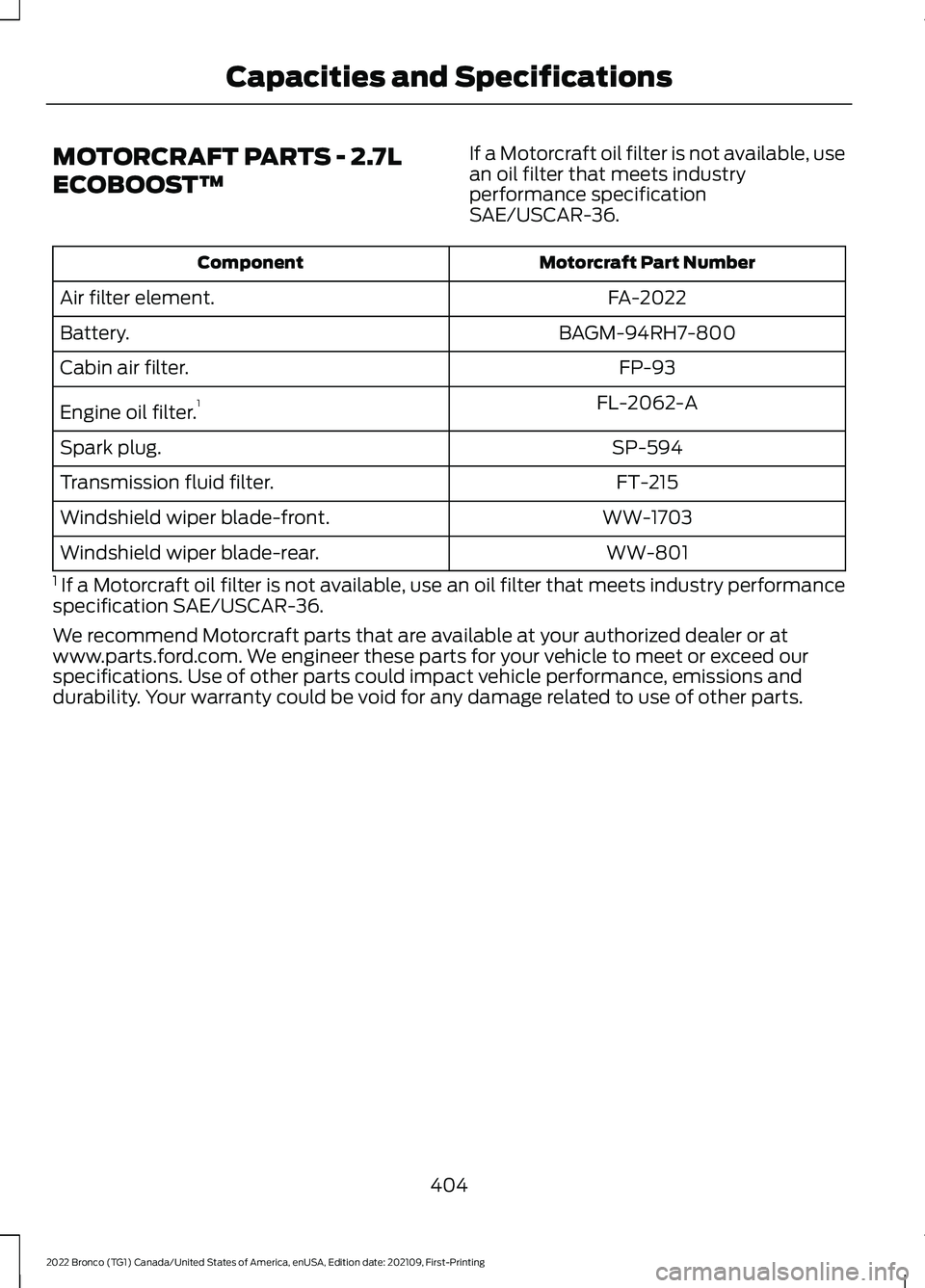 FORD BRONCO 2022  Owners Manual MOTORCRAFT PARTS - 2.7L
ECOBOOST™
If a Motorcraft oil filter is not available, usean oil filter that meets industryperformance specificationSAE/USCAR-36.
Motorcraft Part NumberComponent
FA-2022Air f