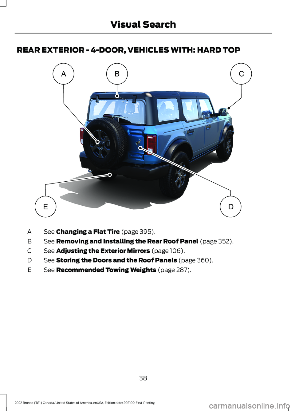 FORD BRONCO 2022  Owners Manual REAR EXTERIOR - 4-DOOR, VEHICLES WITH: HARD TOP
See Changing a Flat Tire (page 395).A
See Removing and Installing the Rear Roof Panel (page 352).B
See Adjusting the Exterior Mirrors (page 106).C
See S