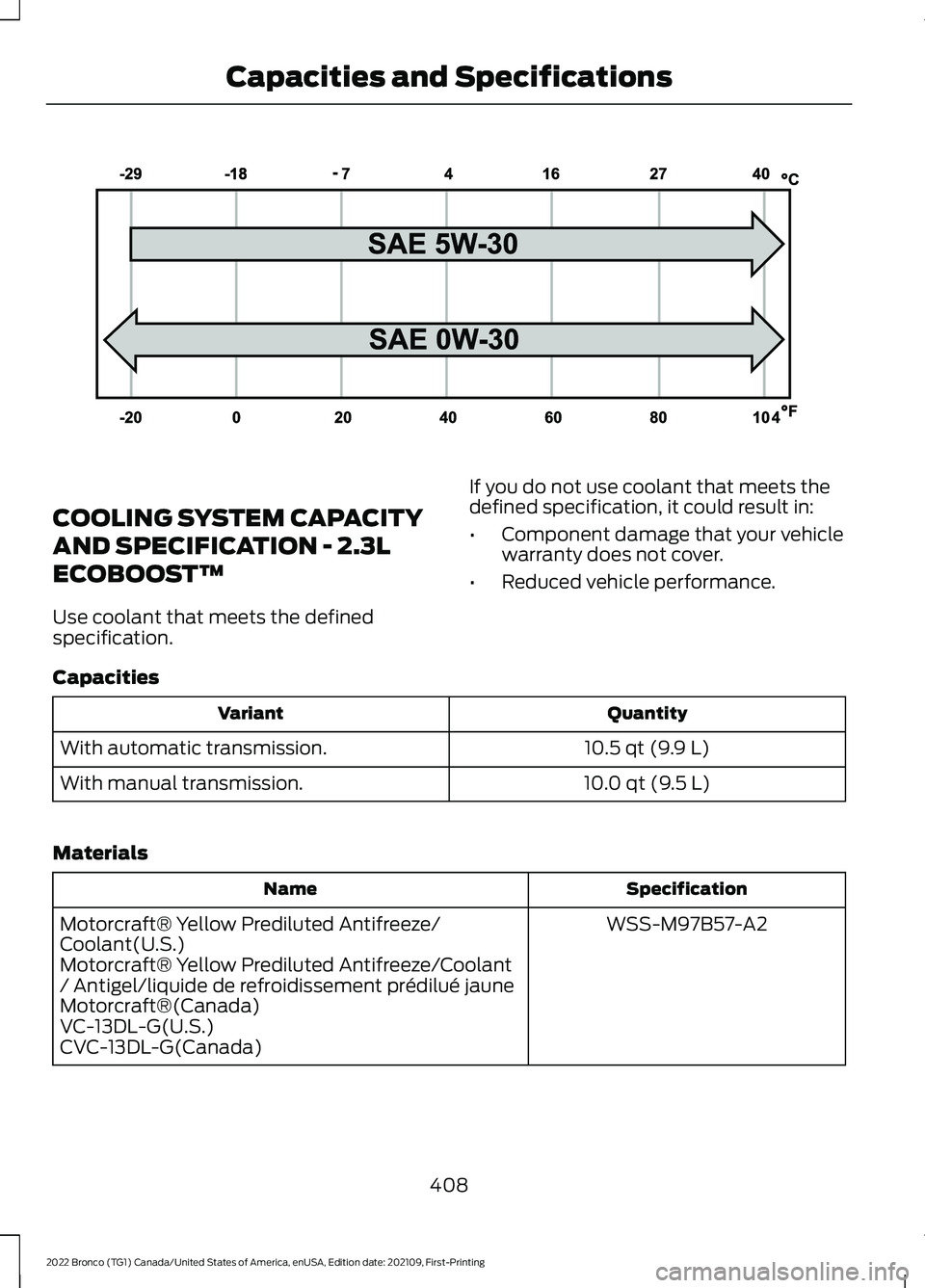 FORD BRONCO 2022 Owners Manual COOLING SYSTEM CAPACITY
AND SPECIFICATION - 2.3L
ECOBOOST™
Use coolant that meets the definedspecification.
If you do not use coolant that meets thedefined specification, it could result in:
•Comp FORD BRONCO 2022 Owners Manual COOLING SYSTEM CAPACITY
AND SPECIFICATION - 2.3L
ECOBOOST™
Use coolant that meets the definedspecification.
If you do not use coolant that meets thedefined specification, it could result in:
•Comp