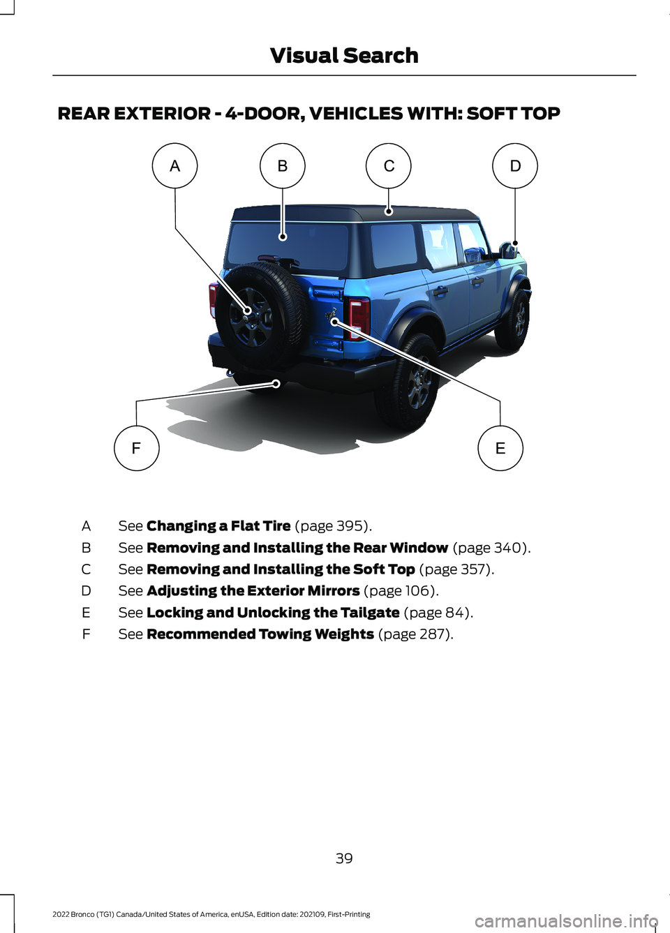 FORD BRONCO 2022  Owners Manual REAR EXTERIOR - 4-DOOR, VEHICLES WITH: SOFT TOP
See Changing a Flat Tire (page 395).A
See Removing and Installing the Rear Window (page 340).B
See Removing and Installing the Soft Top (page 357).C
See