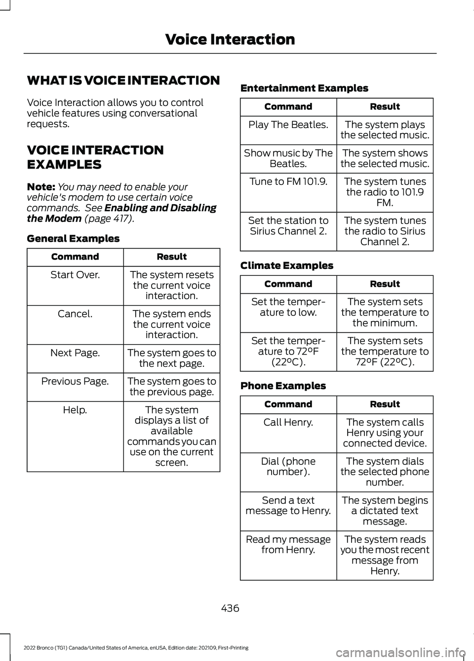 FORD BRONCO 2022 Owners Manual WHAT IS VOICE INTERACTION
Voice Interaction allows you to controlvehicle features using conversationalrequests.
VOICE INTERACTION
EXAMPLES
Note:You may need to enable yourvehicle's modem to use ce FORD BRONCO 2022 Owners Manual WHAT IS VOICE INTERACTION
Voice Interaction allows you to controlvehicle features using conversationalrequests.
VOICE INTERACTION
EXAMPLES
Note:You may need to enable yourvehicle's modem to use ce