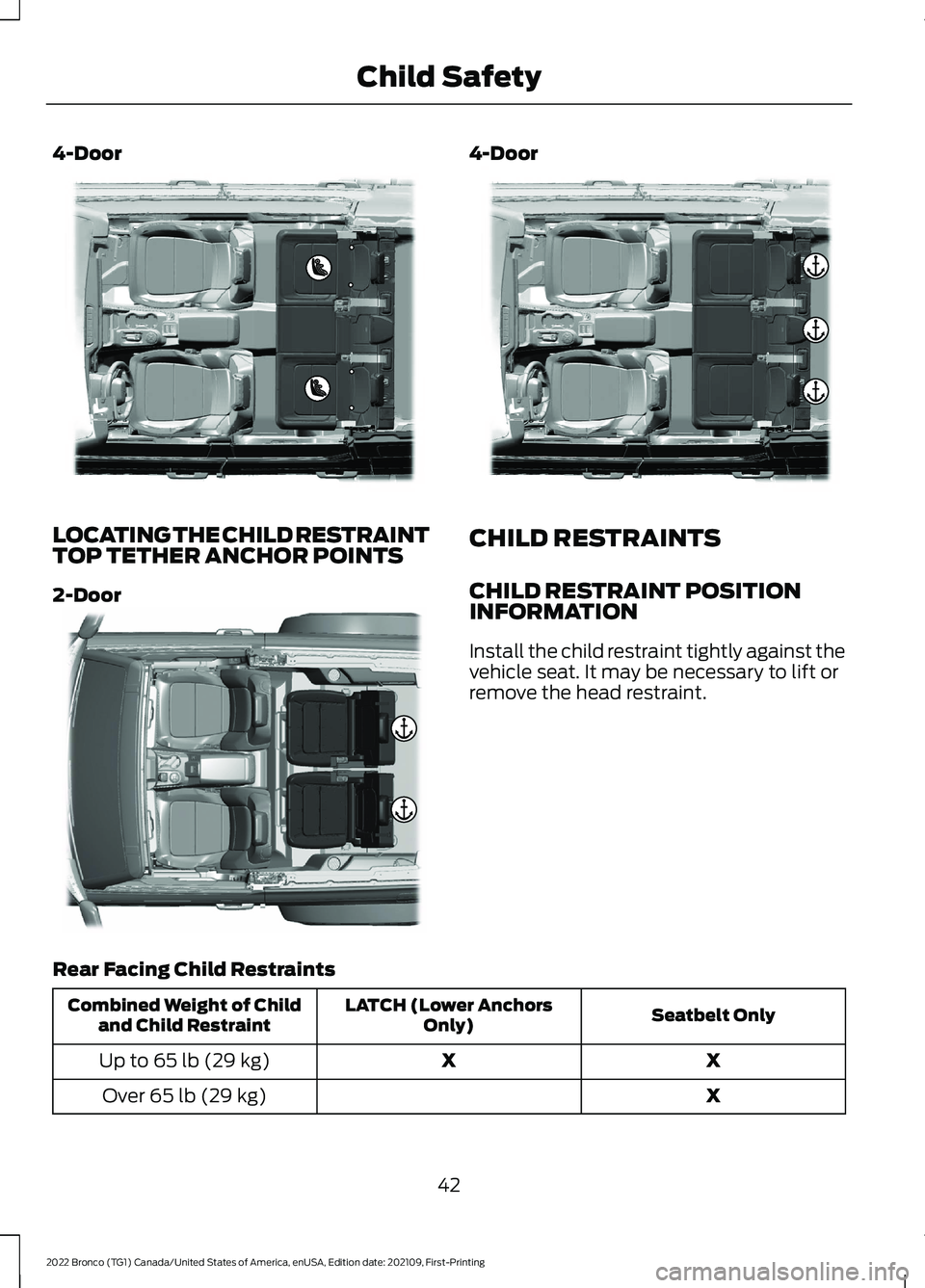 FORD BRONCO 2022 Service Manual 4-Door
LOCATING THE CHILD RESTRAINTTOP TETHER ANCHOR POINTS
2-Door
4-Door
CHILD RESTRAINTS
CHILD RESTRAINT POSITIONINFORMATION
Install the child restraint tightly against thevehicle seat. It may be ne FORD BRONCO 2022 Service Manual 4-Door
LOCATING THE CHILD RESTRAINTTOP TETHER ANCHOR POINTS
2-Door
4-Door
CHILD RESTRAINTS
CHILD RESTRAINT POSITIONINFORMATION
Install the child restraint tightly against thevehicle seat. It may be ne