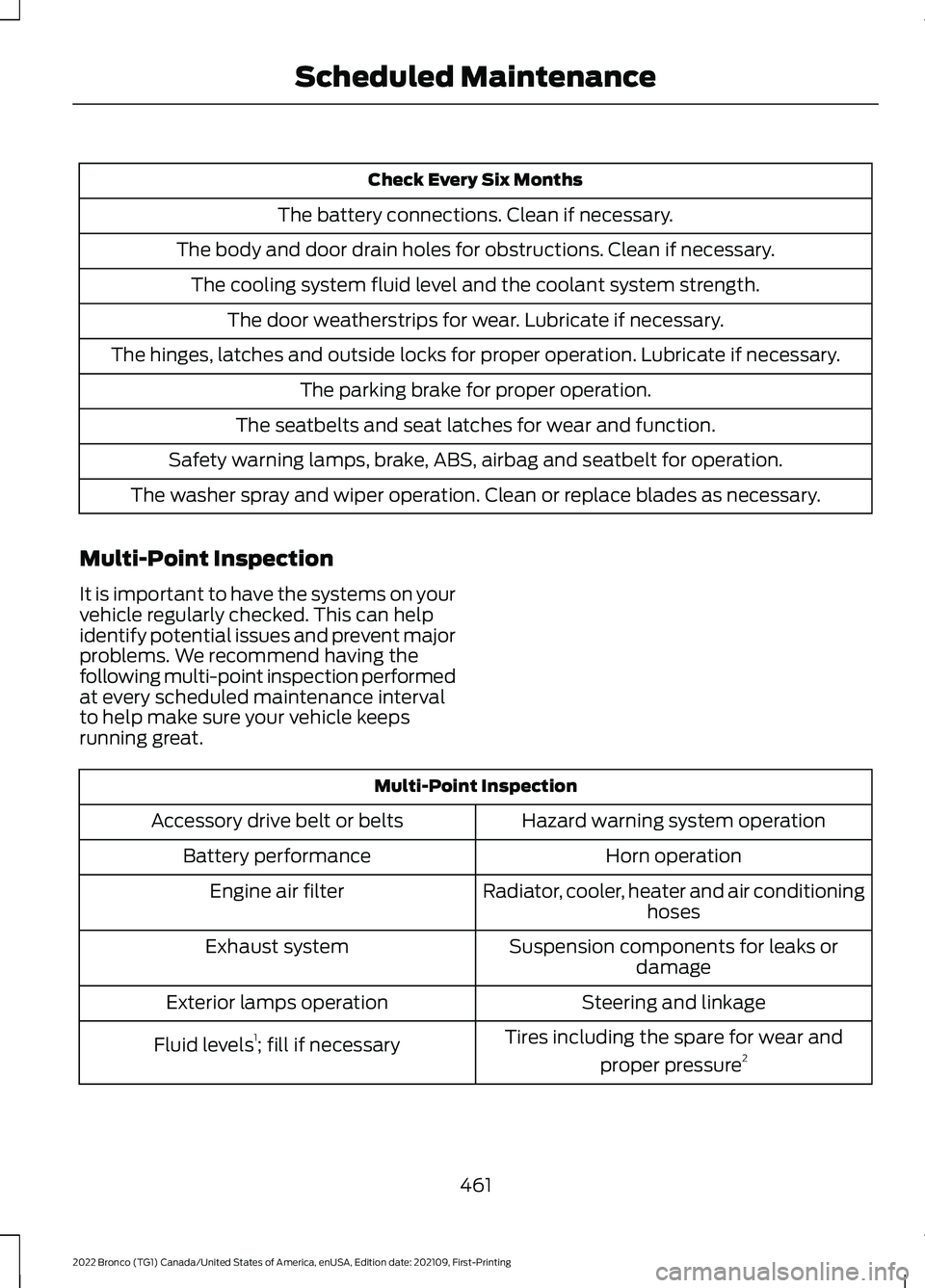 FORD BRONCO 2022  Owners Manual Check Every Six Months
The battery connections. Clean if necessary.
The body and door drain holes for obstructions. Clean if necessary.
The cooling system fluid level and the coolant system strength.
