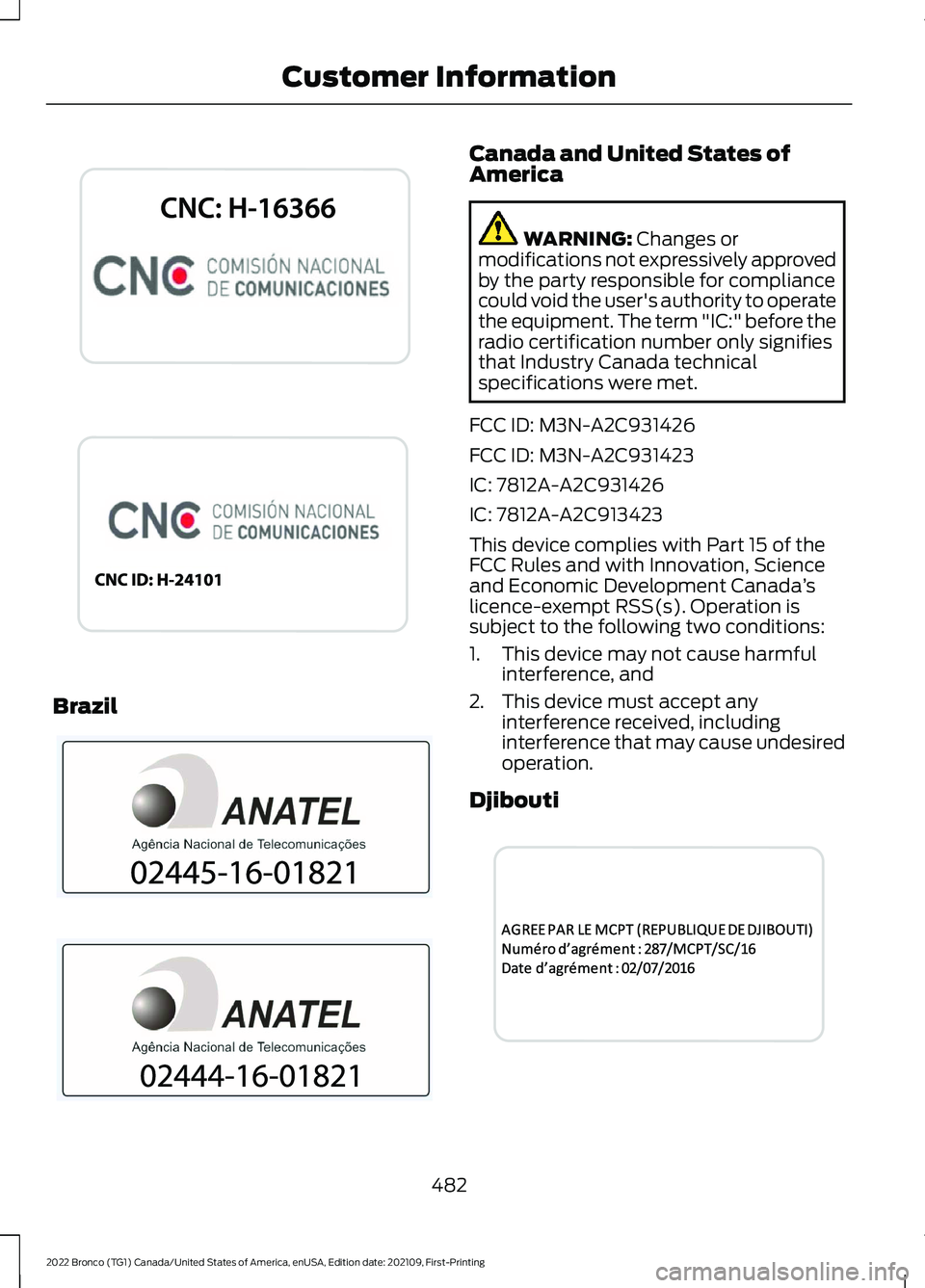 FORD BRONCO 2022 Owners Manual Brazil
Canada and United States ofAmerica
WARNING: Changes ormodifications not expressively approvedby the party responsible for compliancecould void the user's authority to operatethe equipment. FORD BRONCO 2022 Owners Manual Brazil
Canada and United States ofAmerica
WARNING: Changes ormodifications not expressively approvedby the party responsible for compliancecould void the user's authority to operatethe equipment.