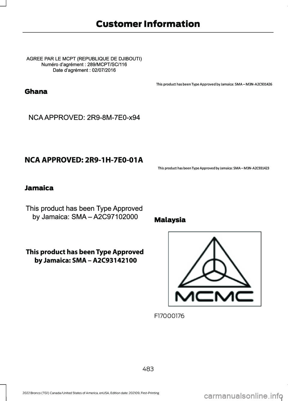 FORD BRONCO 2022  Owners Manual Ghana
Jamaica
Malaysia
F17000176
483
2022 Bronco (TG1) Canada/United States of America, enUSA, Edition date: 202109, First-PrintingCustomer InformationE340306  E340317  E340307  E340318  E340308  E340