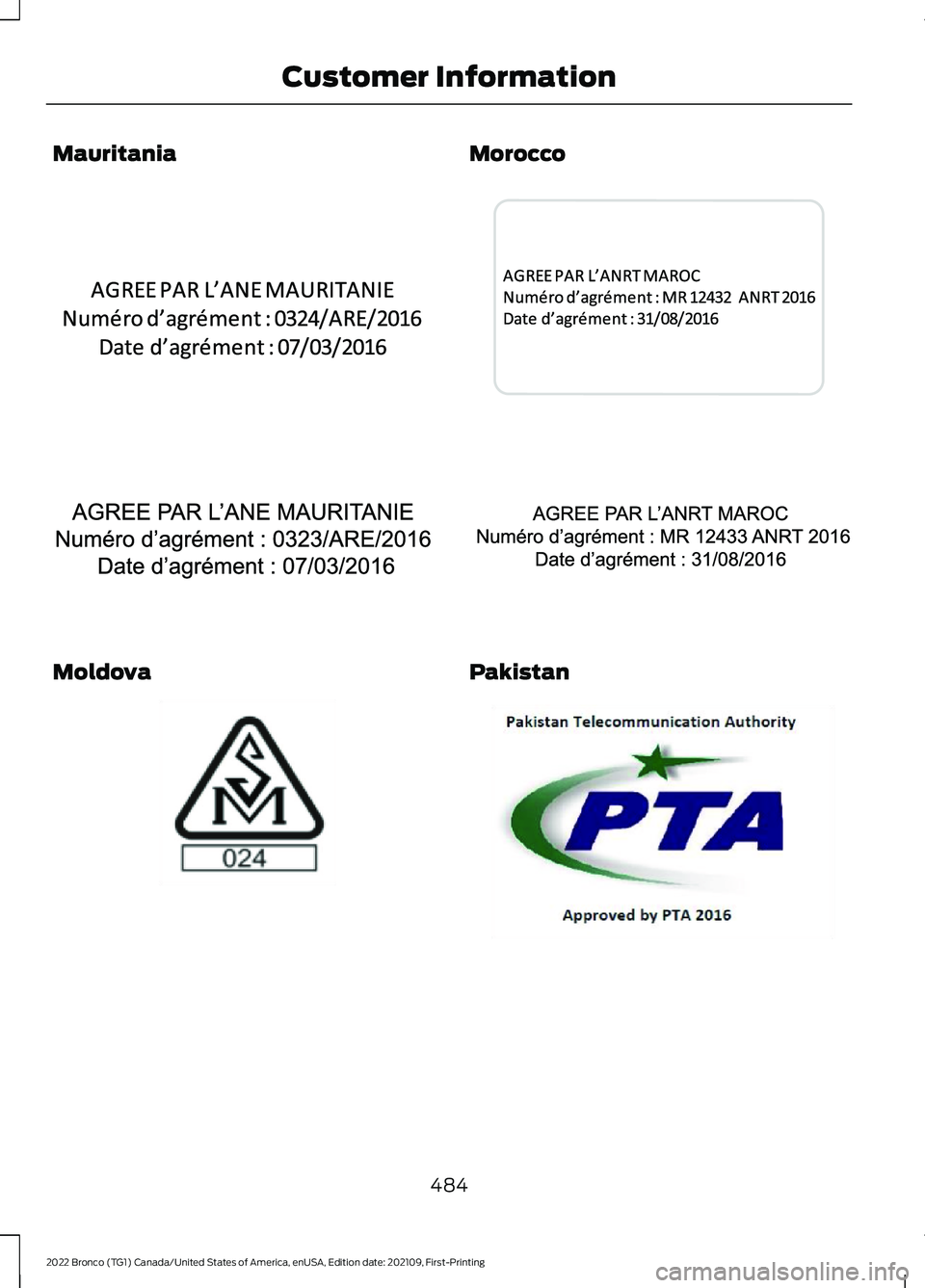 FORD BRONCO 2022  Owners Manual Mauritania
Moldova
Morocco
Pakistan
484
2022 Bronco (TG1) Canada/United States of America, enUSA, Edition date: 202109, First-PrintingCustomer InformationE340487  E340310  E337971  E343018  E340311  E