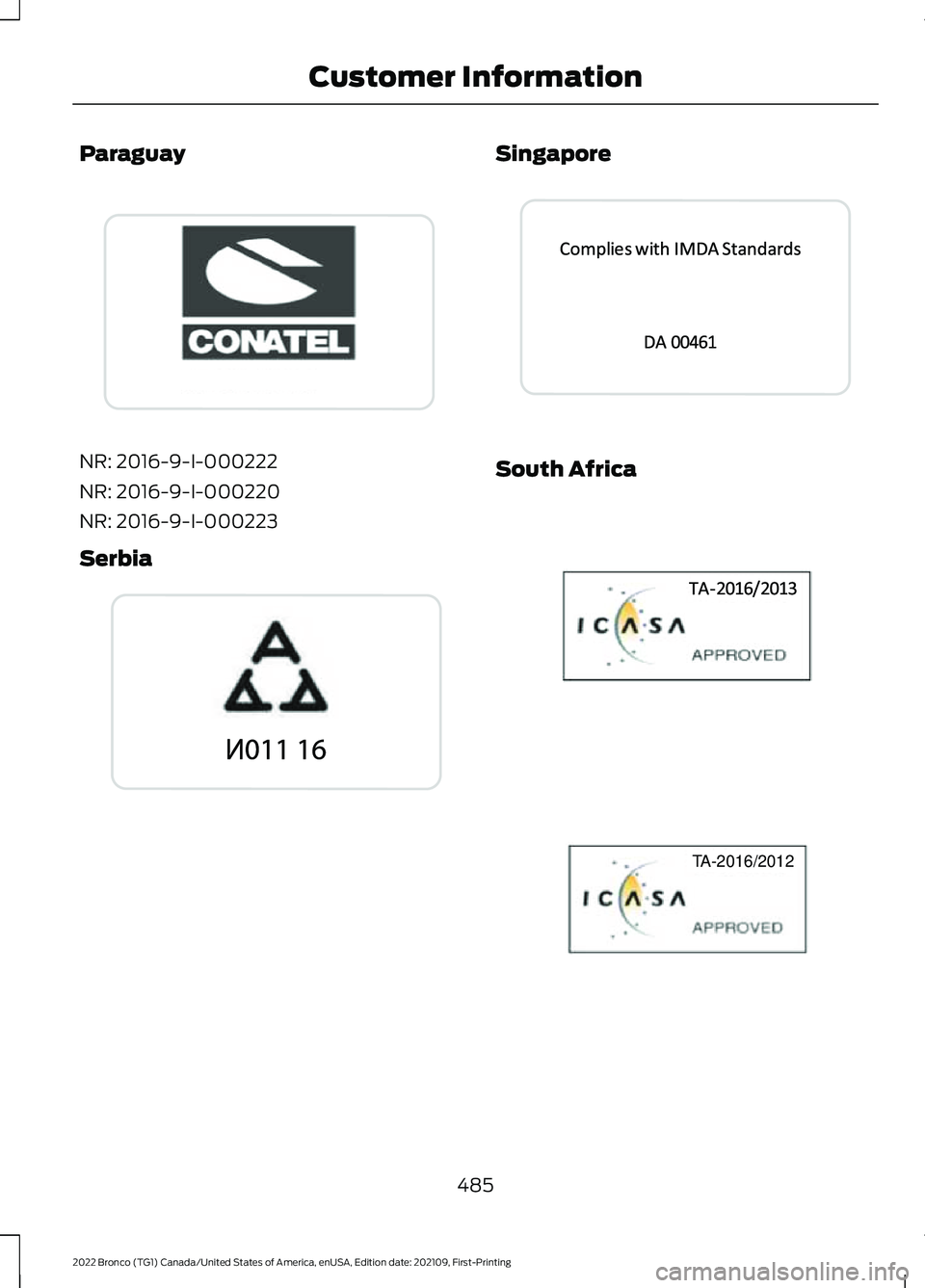 FORD BRONCO 2022  Owners Manual Paraguay
NR: 2016-9-I-000222
NR: 2016-9-I-000220
NR: 2016-9-I-000223
Serbia
Singapore
South Africa
485
2022 Bronco (TG1) Canada/United States of America, enUSA, Edition date: 202109, First-PrintingCus