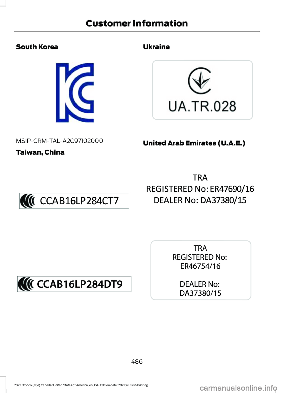 FORD BRONCO 2022  Owners Manual South Korea
MSIP-CRM-TAL-A2C97102000
Taiwan, China
Ukraine
United Arab Emirates (U.A.E.)
486
2022 Bronco (TG1) Canada/United States of America, enUSA, Edition date: 202109, First-PrintingCustomer Info