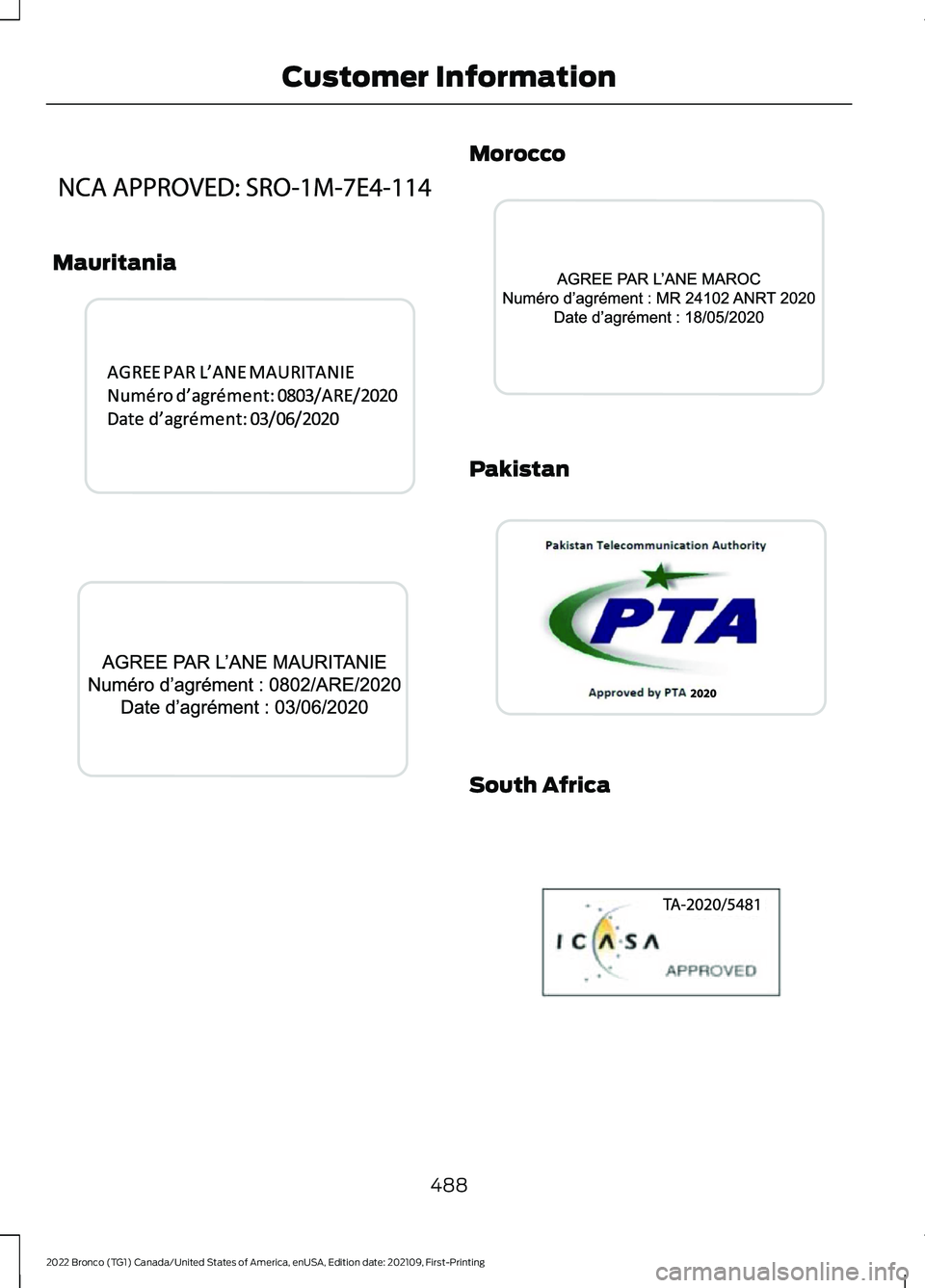 FORD BRONCO 2022  Owners Manual Mauritania
Morocco
Pakistan
South Africa
488
2022 Bronco (TG1) Canada/United States of America, enUSA, Edition date: 202109, First-PrintingCustomer InformationE340645  E340530  E340531  E340648  E3423