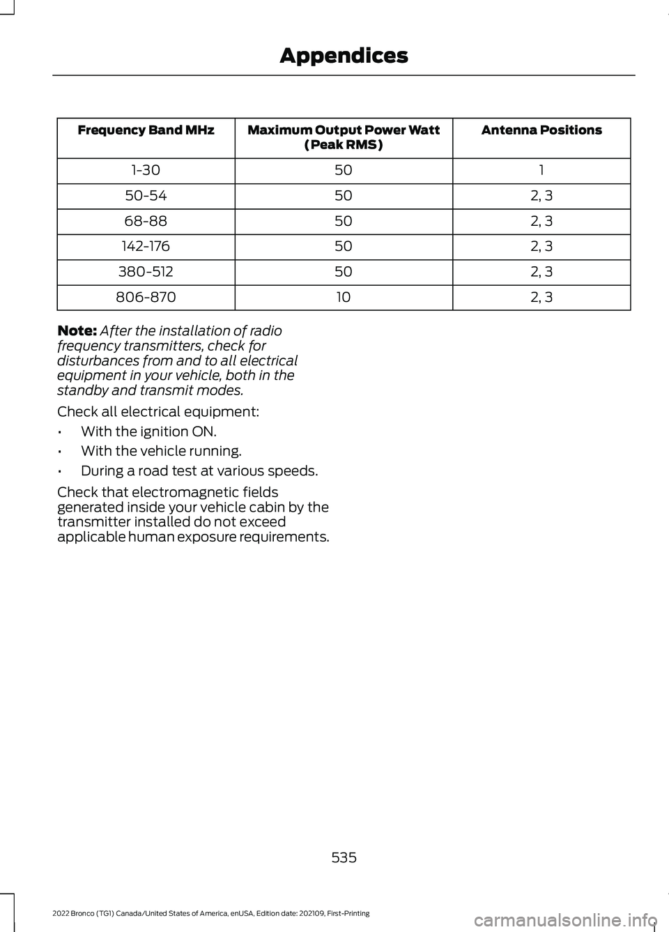 FORD BRONCO 2022 Owners Manual Antenna PositionsMaximum Output Power Watt(Peak RMS)Frequency Band MHz
1501-30
2, 35050-54
2, 35068-88
2, 350142-176
2, 350380-512
2, 310806-870
Note:After the installation of radiofrequency transmitt FORD BRONCO 2022 Owners Manual Antenna PositionsMaximum Output Power Watt(Peak RMS)Frequency Band MHz
1501-30
2, 35050-54
2, 35068-88
2, 350142-176
2, 350380-512
2, 310806-870
Note:After the installation of radiofrequency transmitt