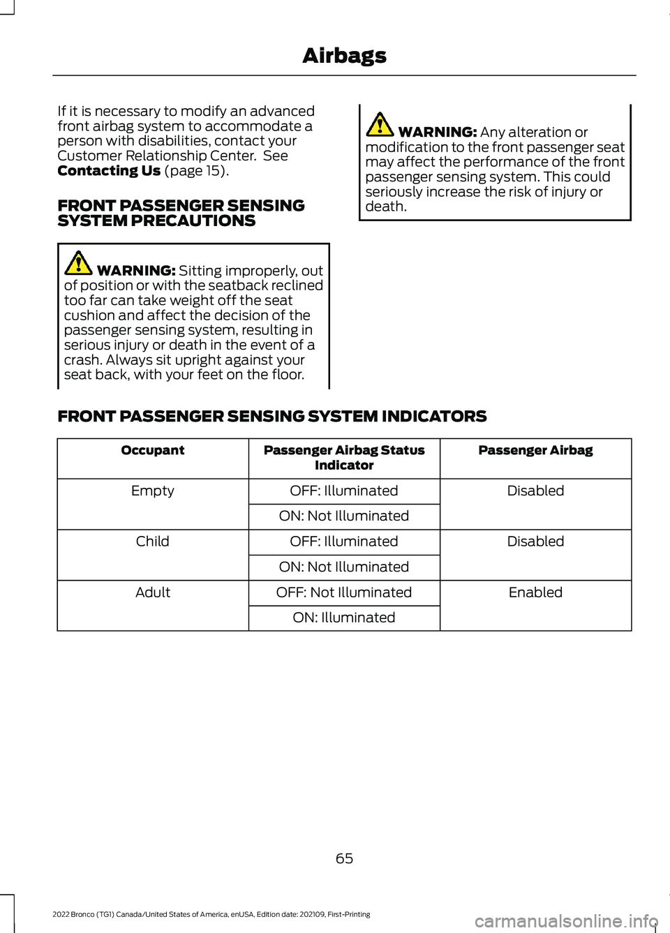 FORD BRONCO 2022 Owners Manual If it is necessary to modify an advancedfront airbag system to accommodate aperson with disabilities, contact yourCustomer Relationship Center. SeeContacting Us (page 15).
FRONT PASSENGER SENSINGSYSTE FORD BRONCO 2022 Owners Manual If it is necessary to modify an advancedfront airbag system to accommodate aperson with disabilities, contact yourCustomer Relationship Center. SeeContacting Us (page 15).
FRONT PASSENGER SENSINGSYSTE