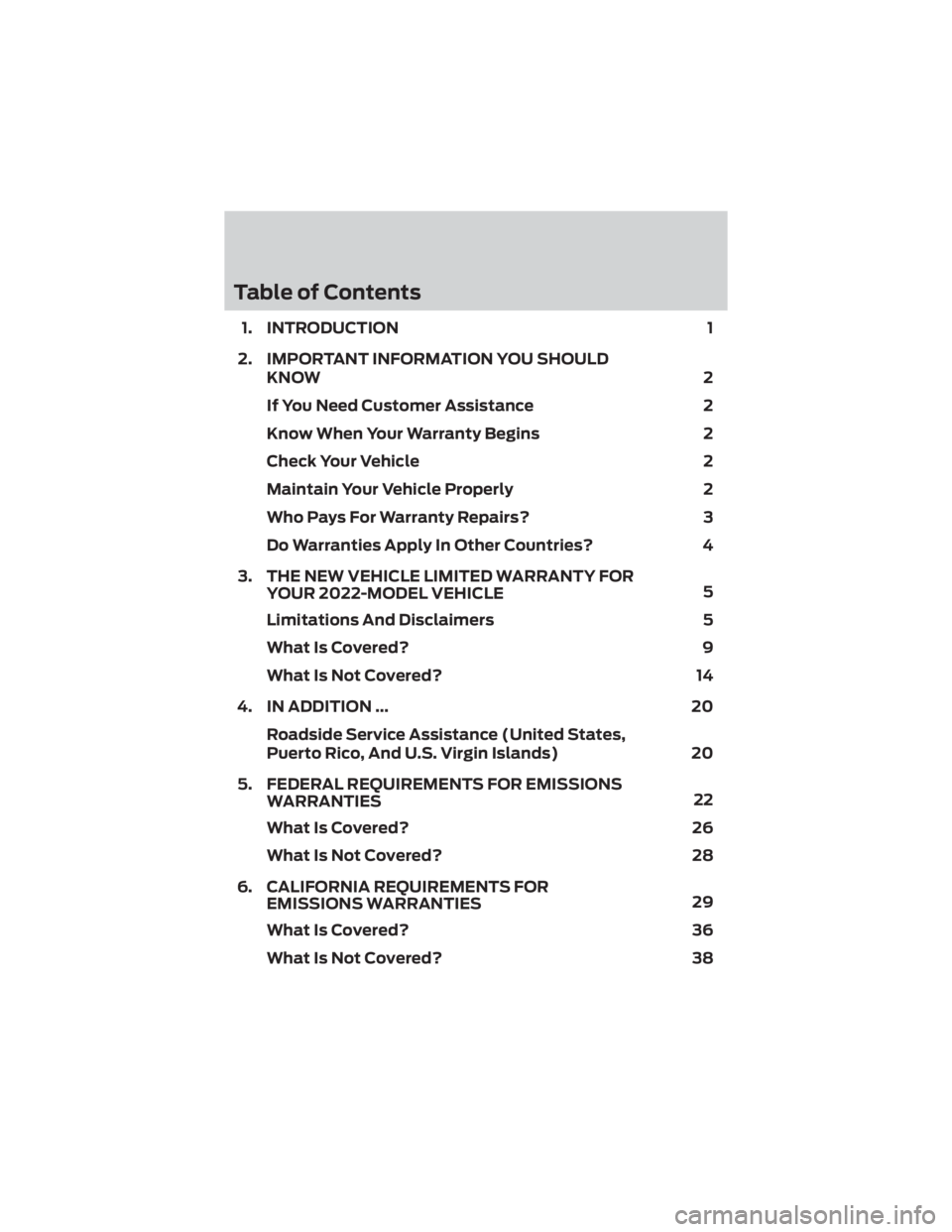 FORD BRONCO 2022  Warranty Guide Table of Contents
1. INTRODUCTION1
2. IMPORTANT INFORMATION YOU SHOULD KNOW 2
If You Need Customer Assistance 2
Know When Your Warranty Begins 2
Check Your Vehicle 2
Maintain Your Vehicle Properly 2
W