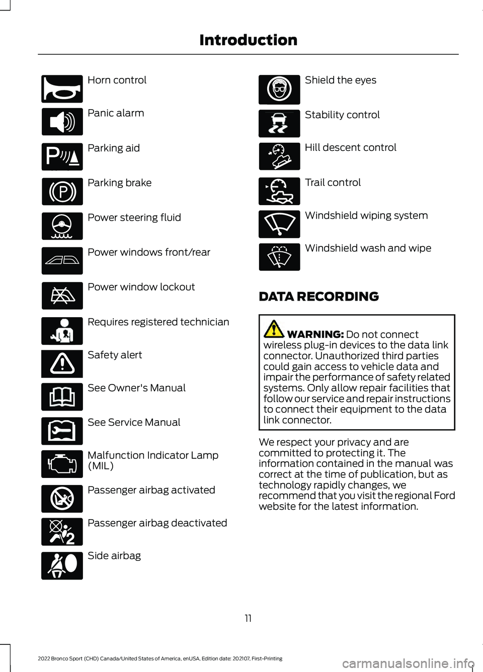 FORD BRONCO SPORT 2022  Owners Manual Horn control
Panic alarm
Parking aid
Parking brake
Power steering fluid
Power windows front/rear
Power window lockout
Requires registered technician
Safety alert
See Owner's Manual
See Service Man